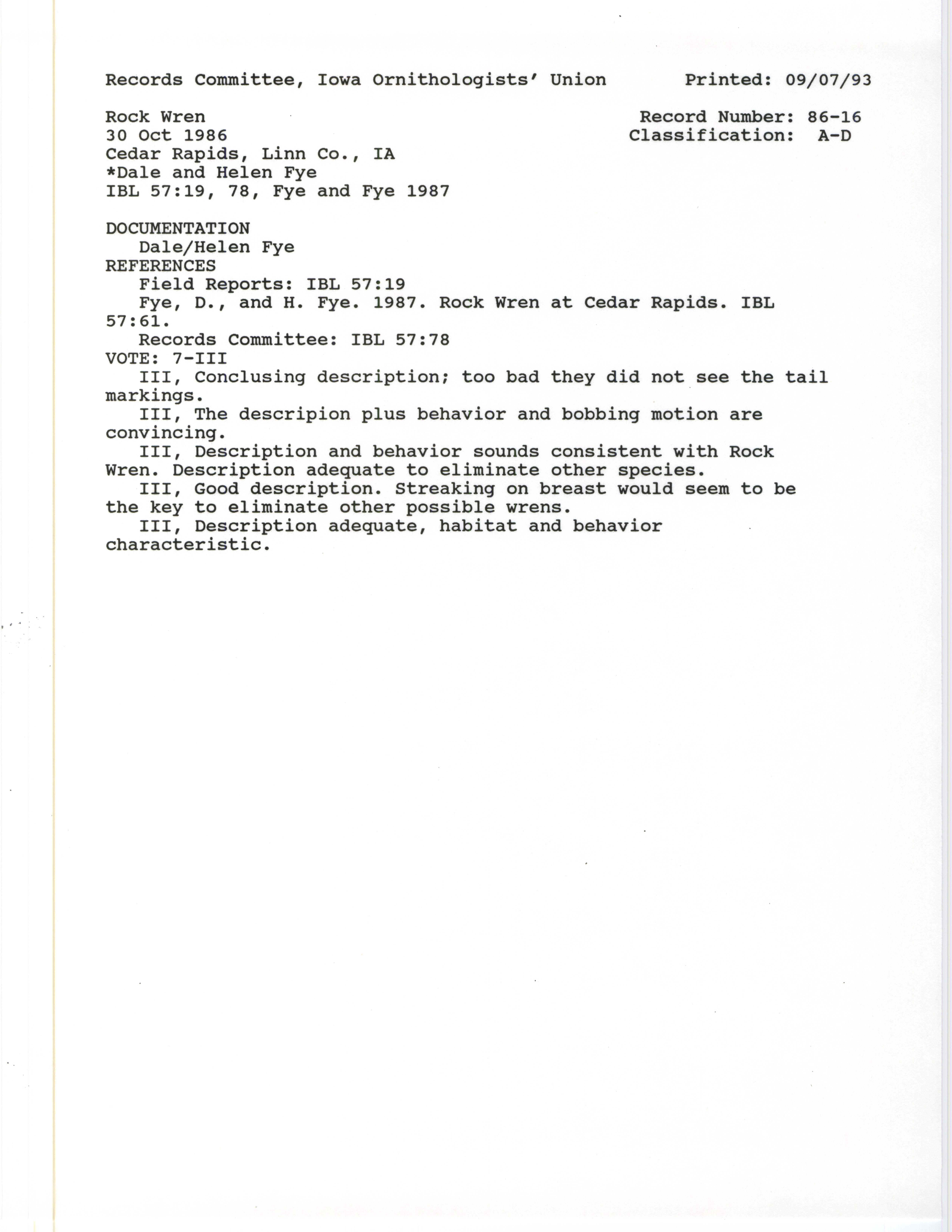 Records Committee review for rare bird sighting for Rock Wren near C Street Roller Dam in Cedar Rapids, 1986