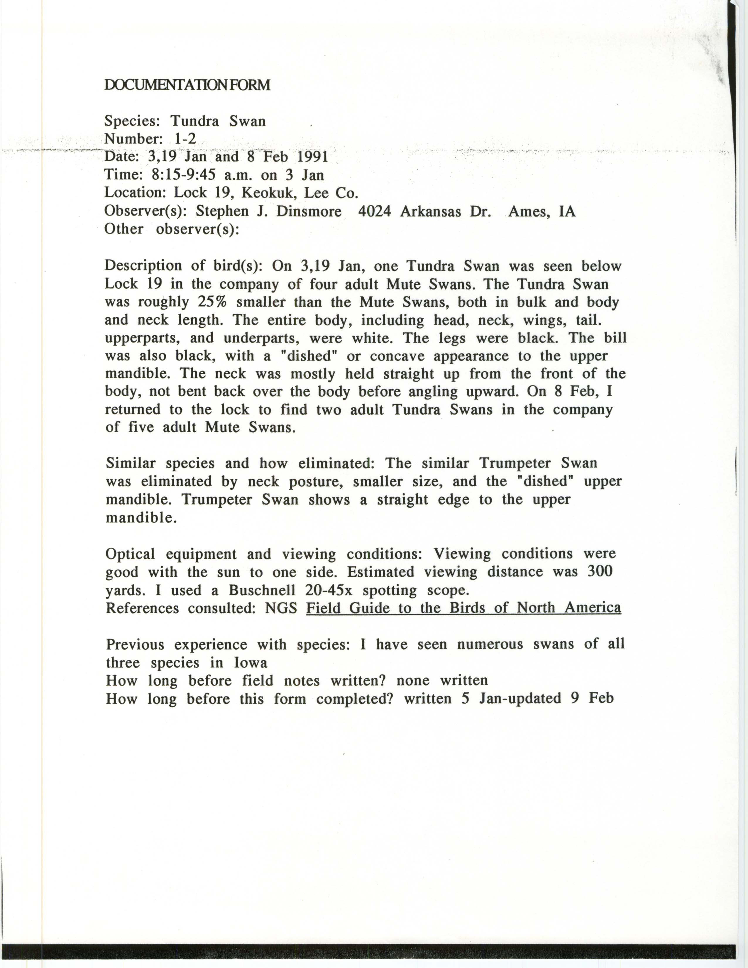 Rare bird documentation form for Tundra Swan at Lock 19 in Keokuk in 1991