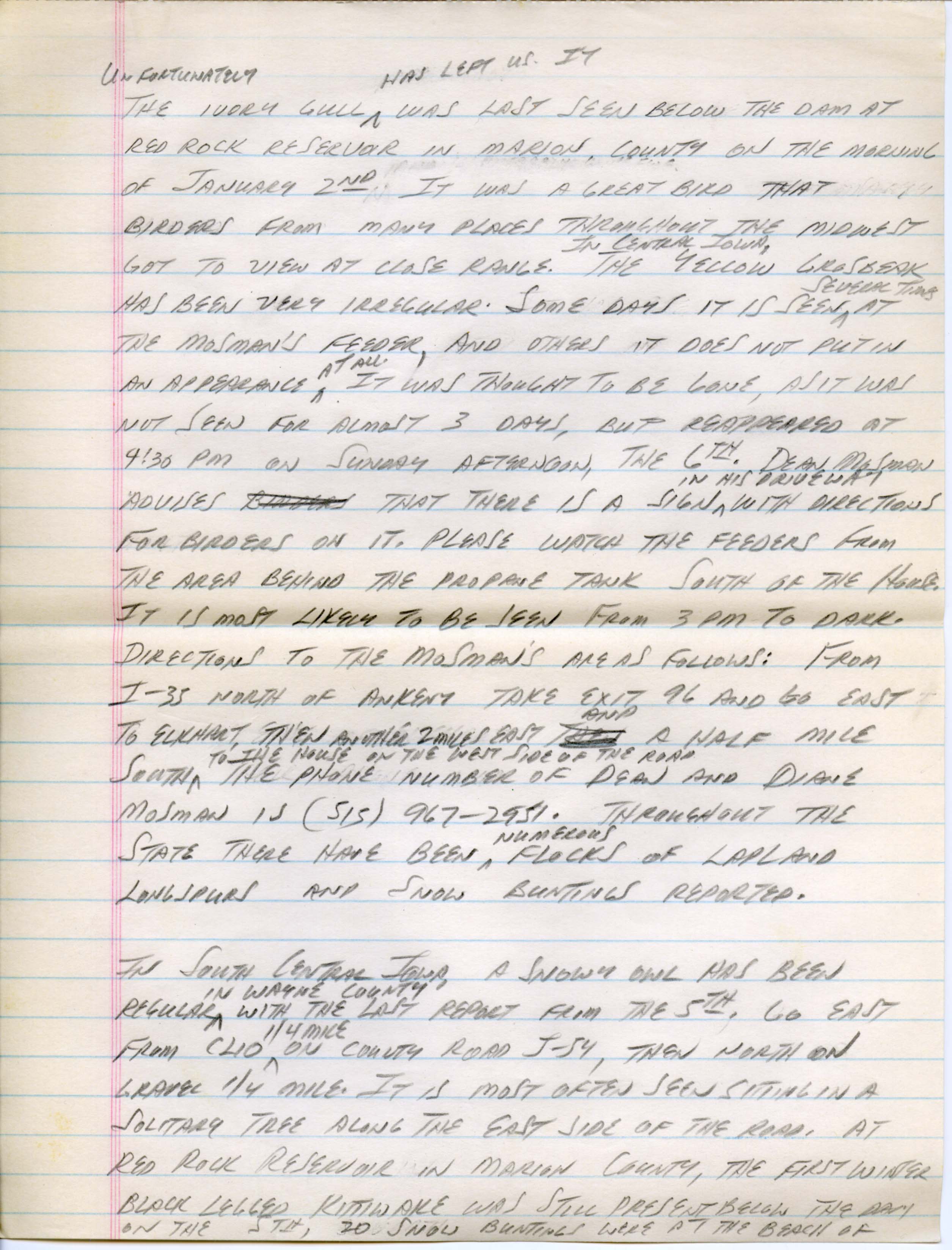 Iowa Birdline update, January 7, 1991 notes