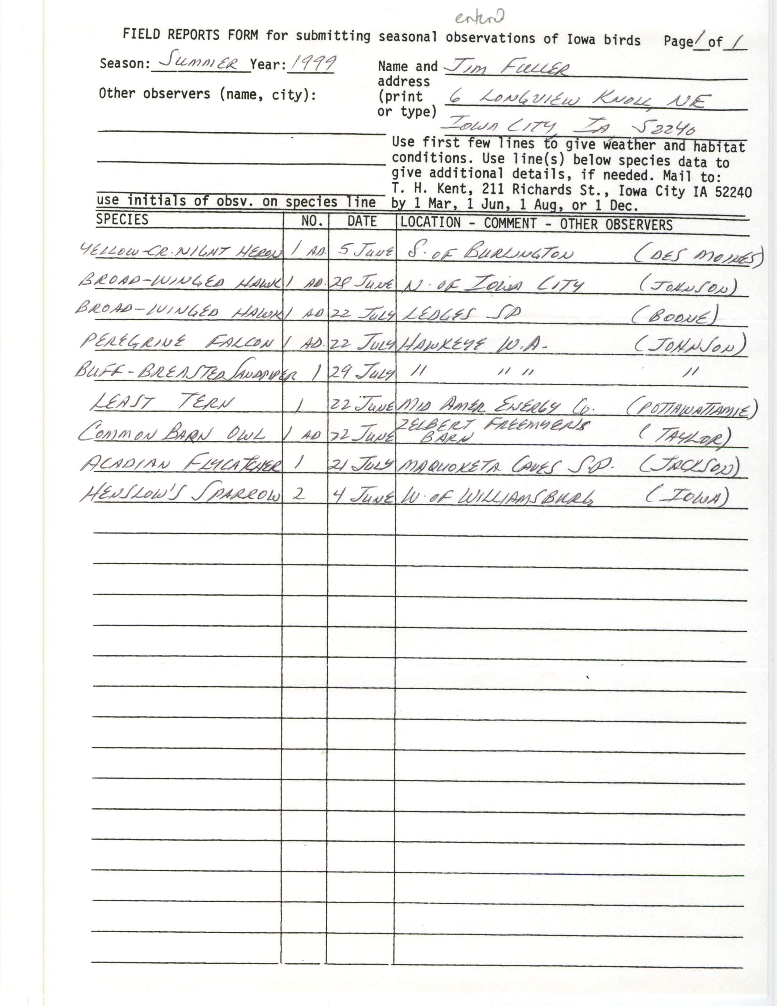 Field reports form for submitting seasonal observations of Iowa birds, summer 1999, Jim Fuller