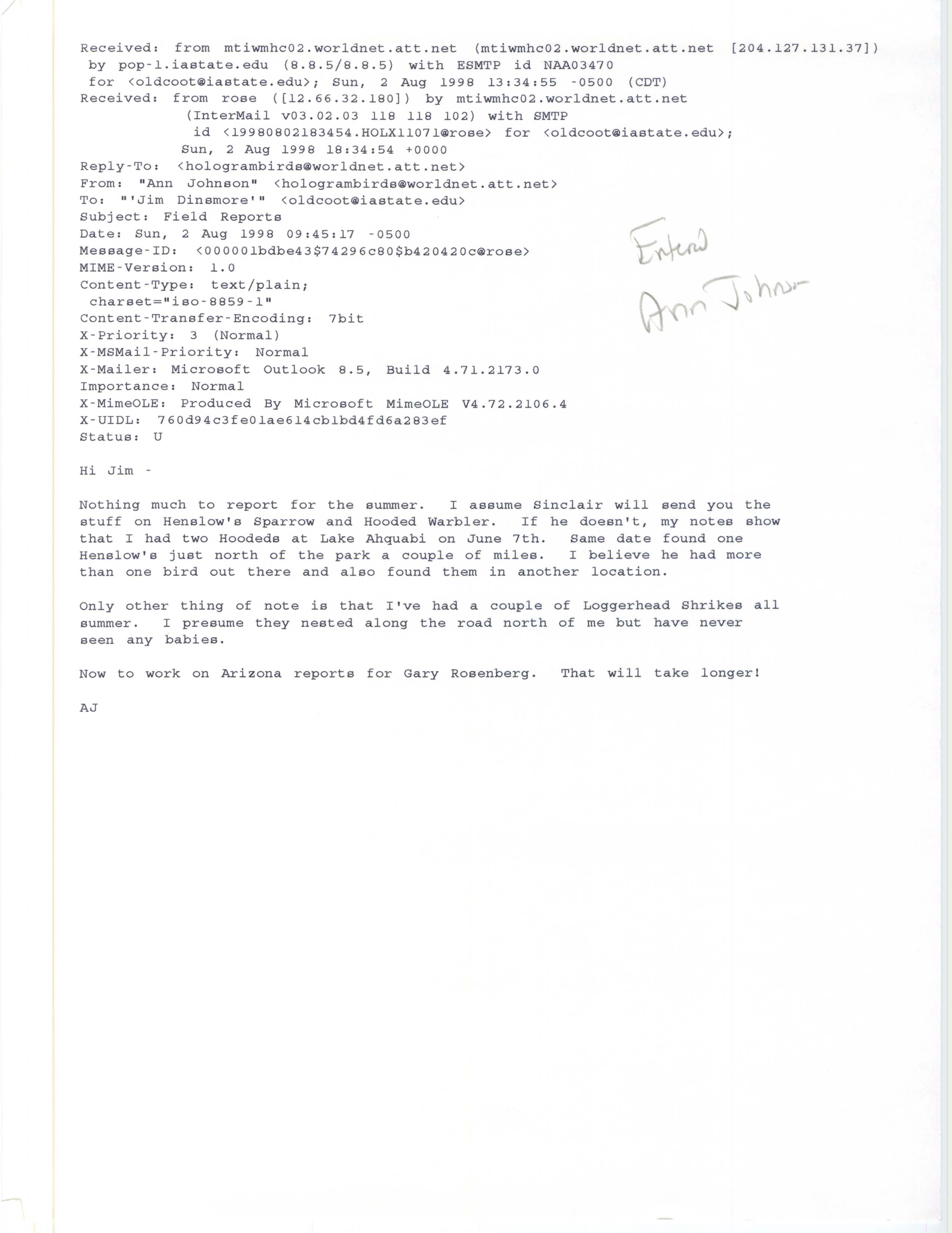 Ann Johnson email to Jim Dinsmore regarding field reports, August 2, 1998