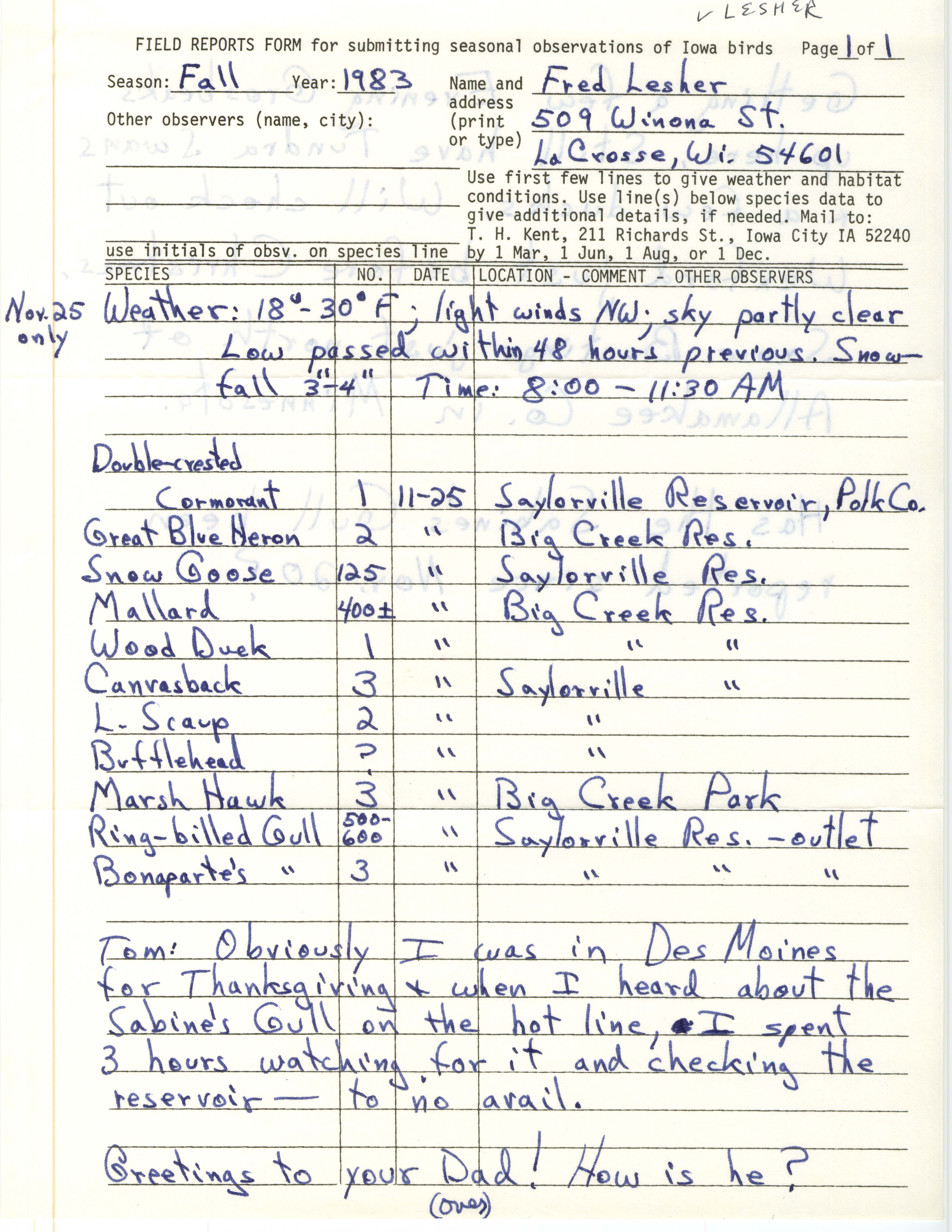 Field reports form for submitting seasonal observations of Iowa birds, Fred Lesher, fall 1983
