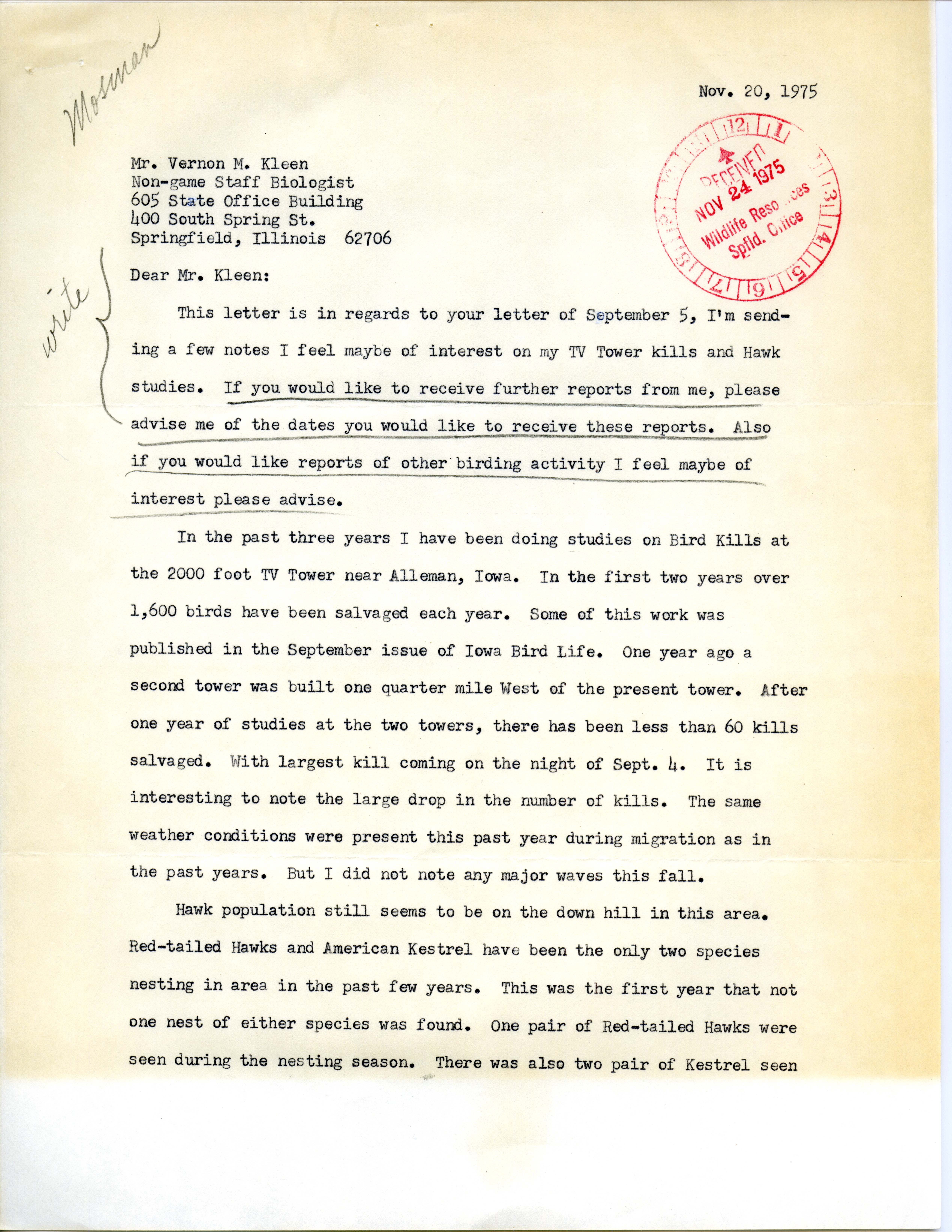 Dean Mosman letter to Vernon M. Kleen regarding bird kills at the Alleman TV tower and hawk population, November 20, 1975