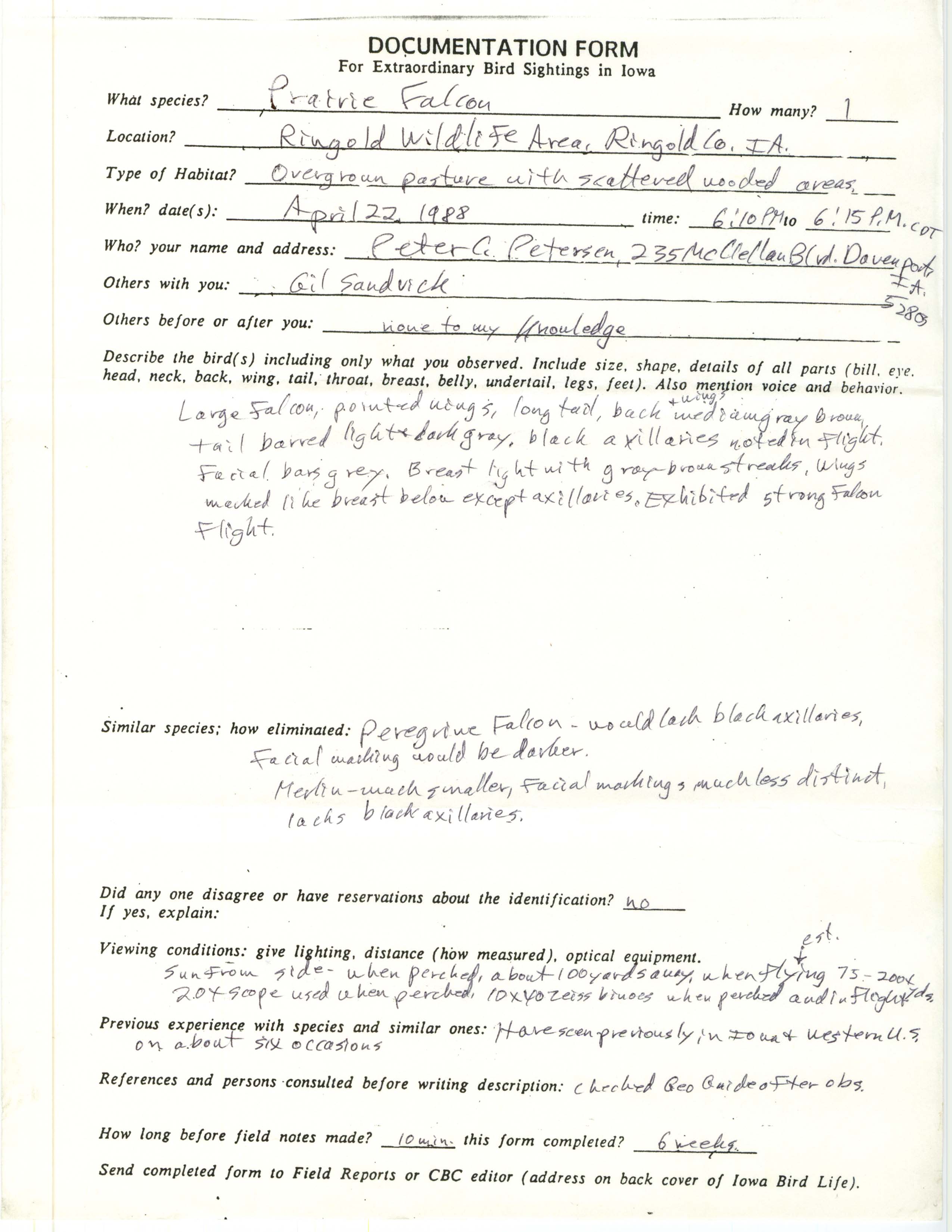 Rare bird documentation form for Prairie Falcon at Ringgold Wildlife Area, 1988