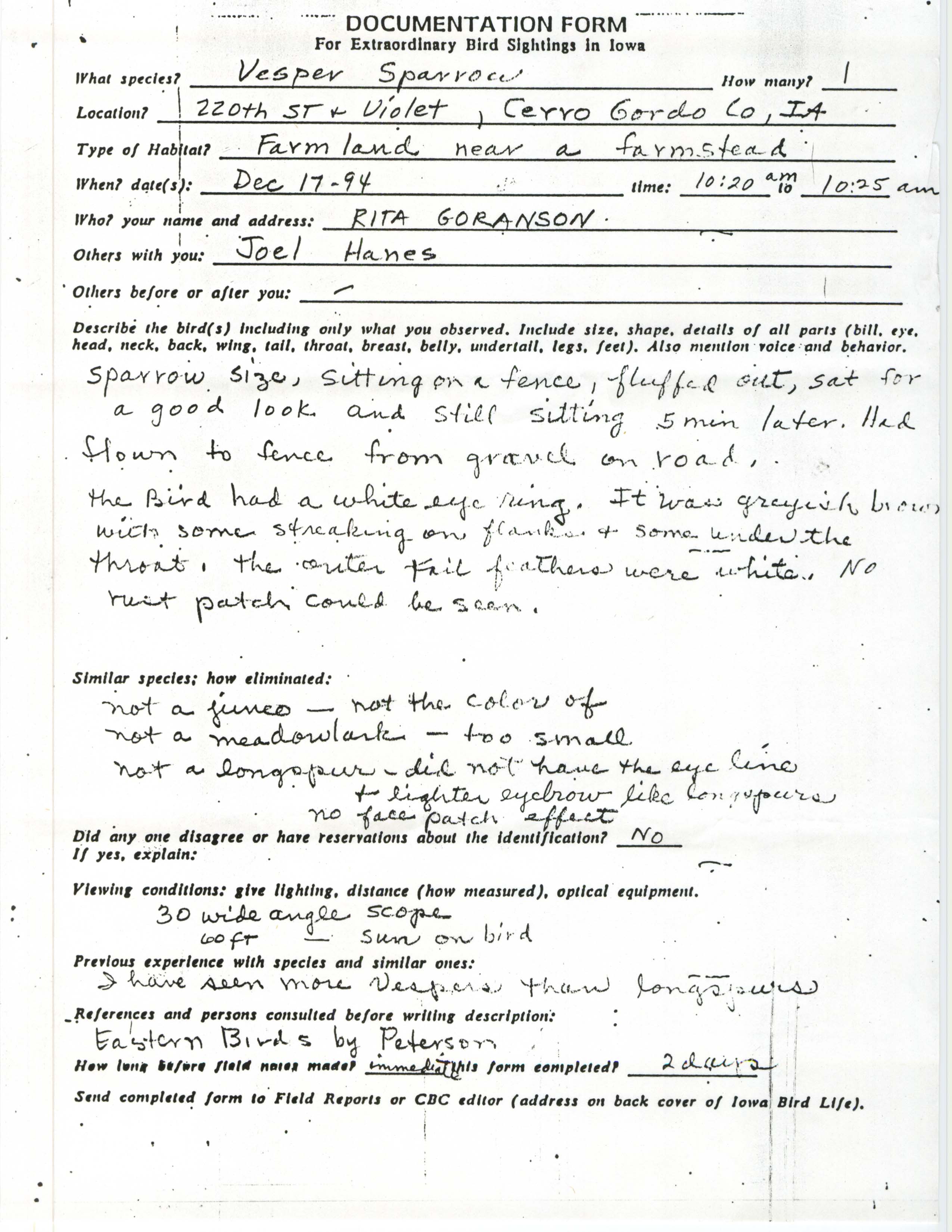 Rare bird documentation form for Vesper Sparrow in Cerro Gordo County, 1994