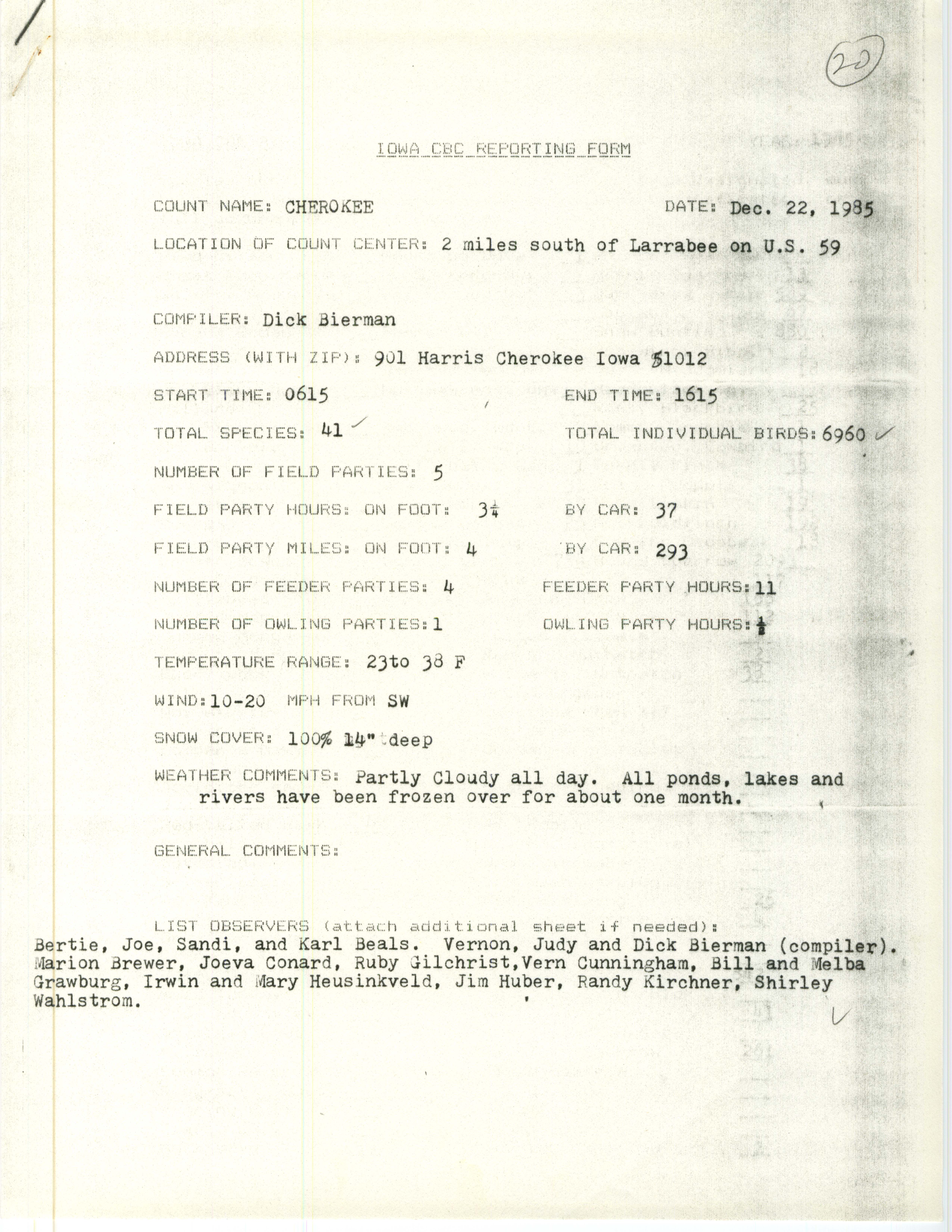 Iowa CBC reporting form, Cherokee, December 22, 1985