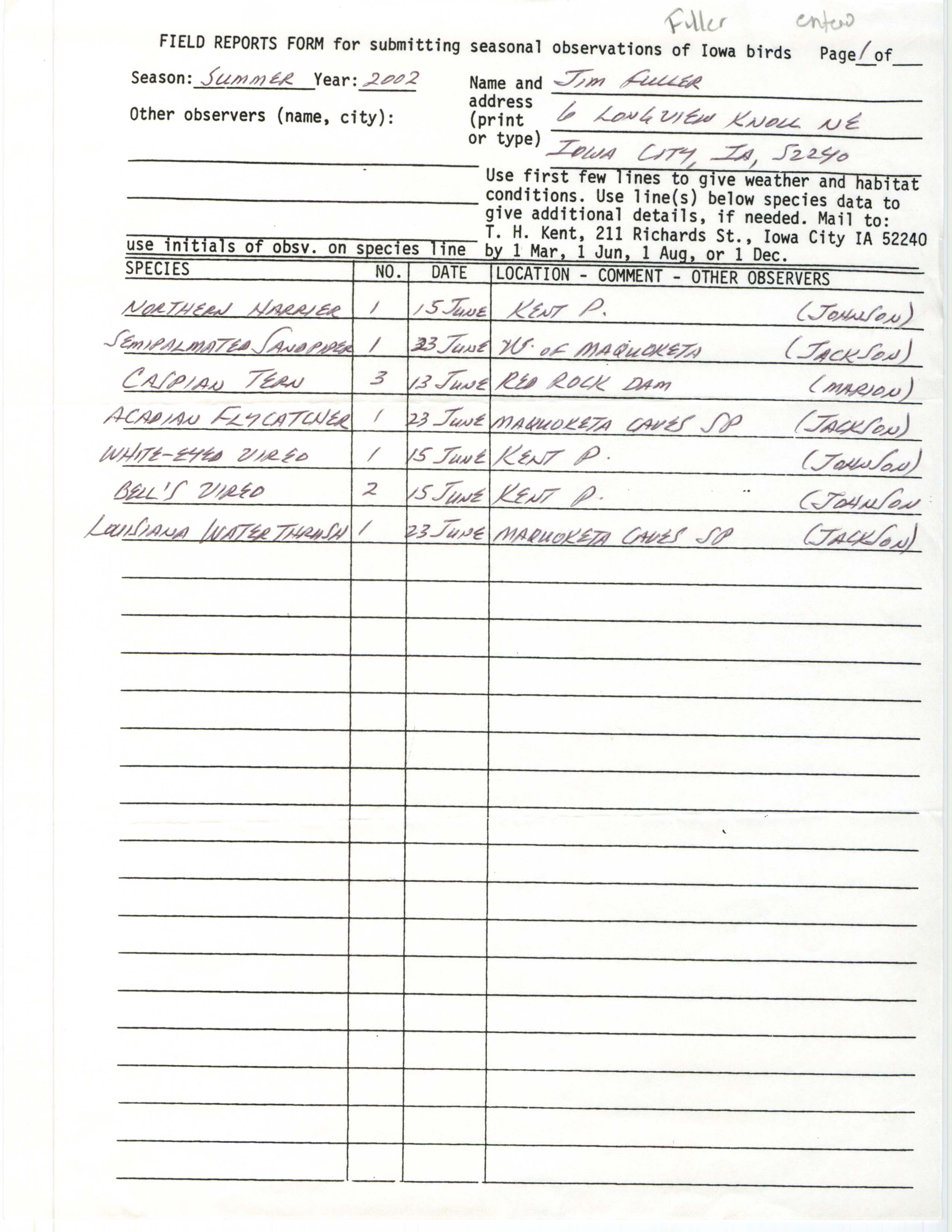 Field reports form for submitting seasonal observations of Iowa birds, James L. Fuller, summer 2002