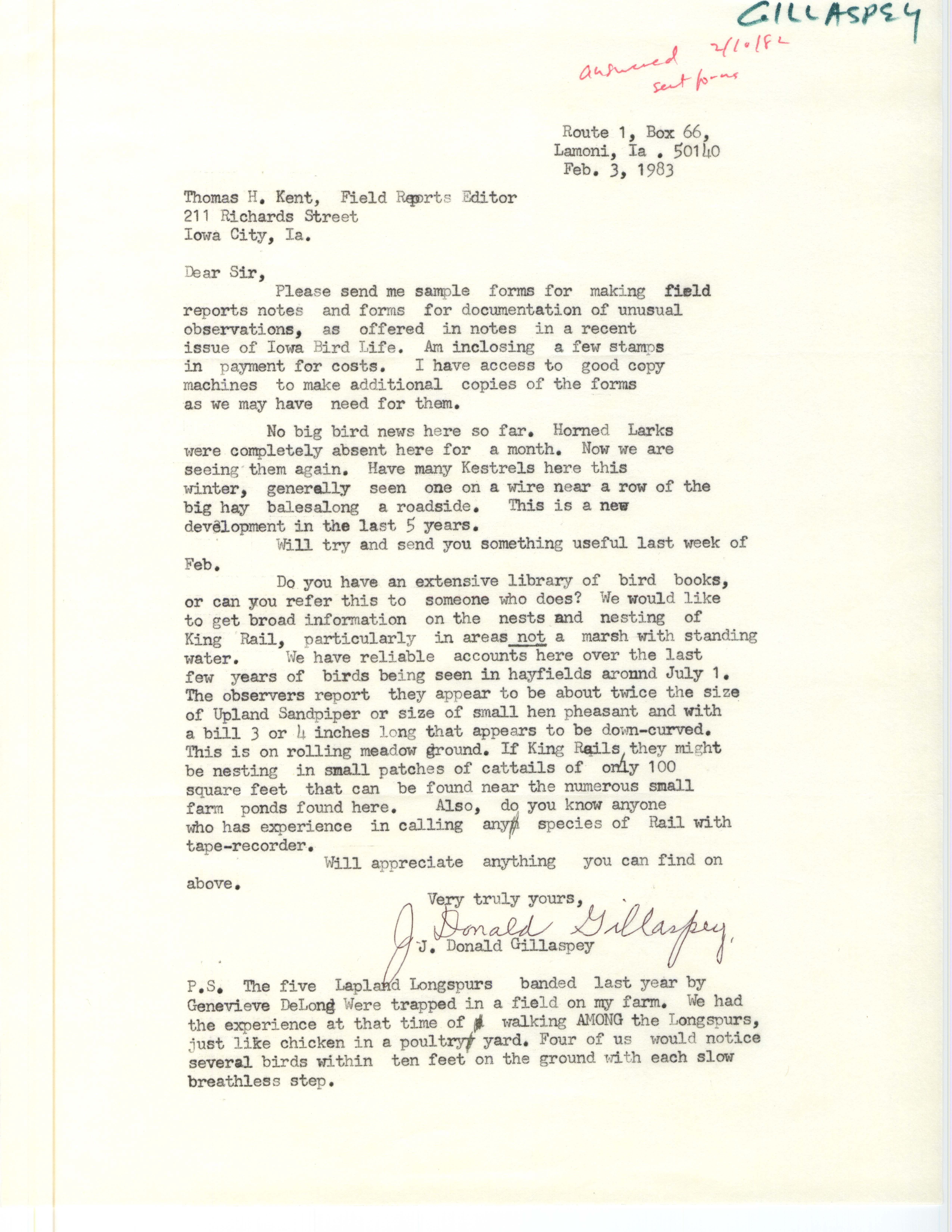 J. Donald Gillaspey letter to Thomas H. Kent regarding winter bird sightings, February 3, 1983