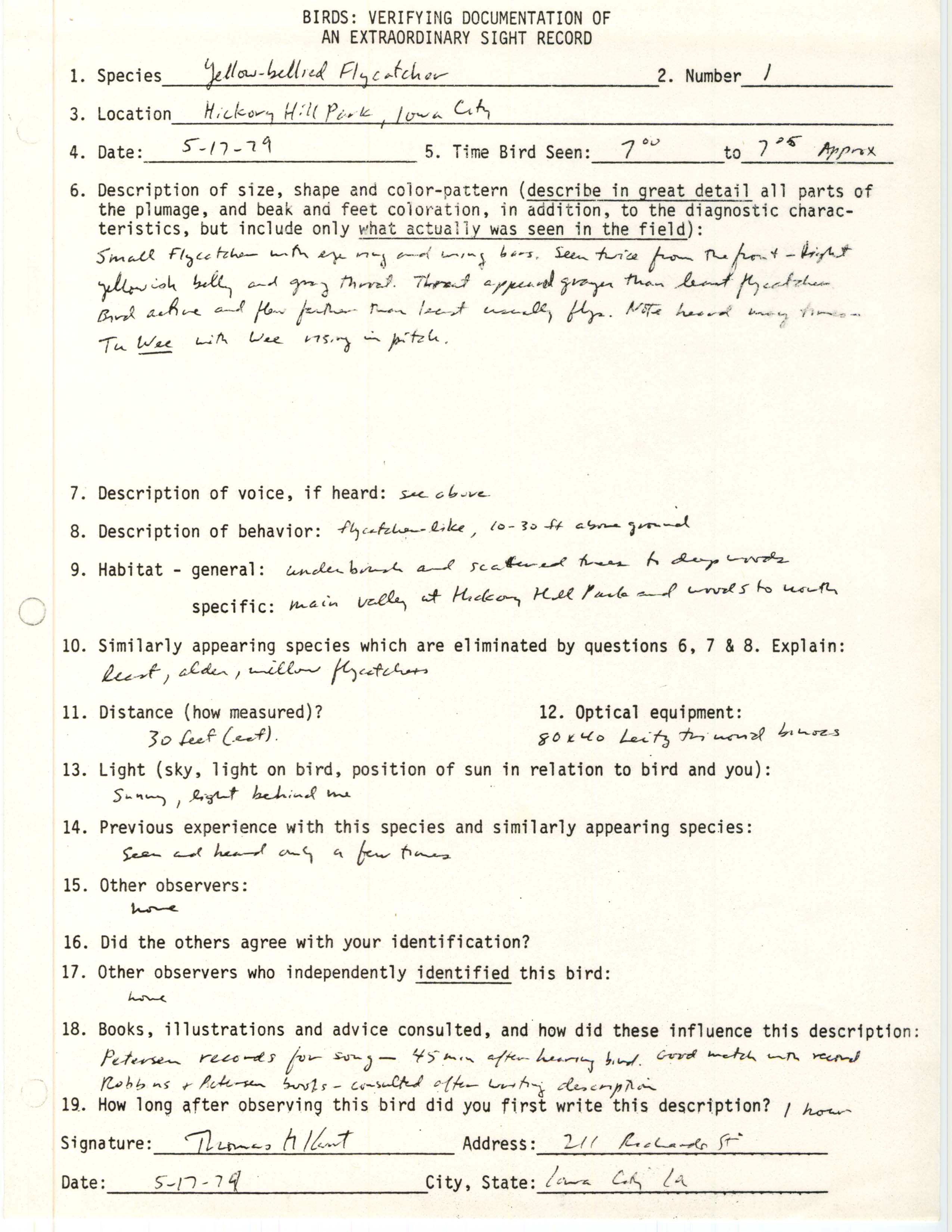 Rare bird documentation form for Yellow-bellied Flycatcher at Hickory Hill Park, 1979