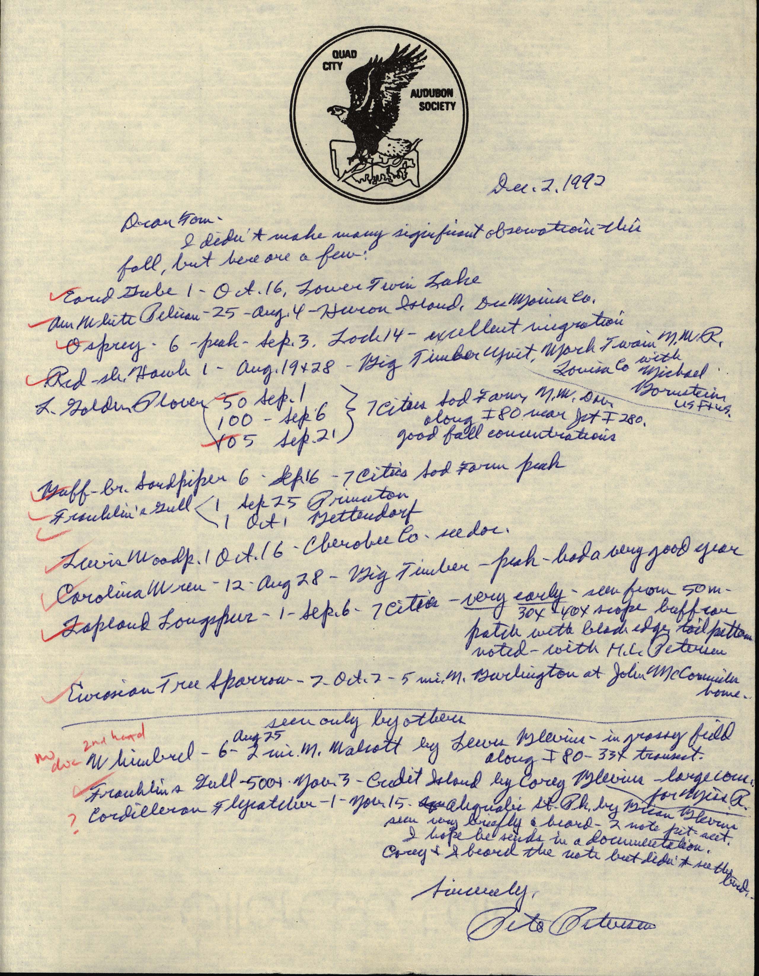 Peter C. Petersen letter to Thomas H. Kent regarding fall bird sightings, December 2, 1992