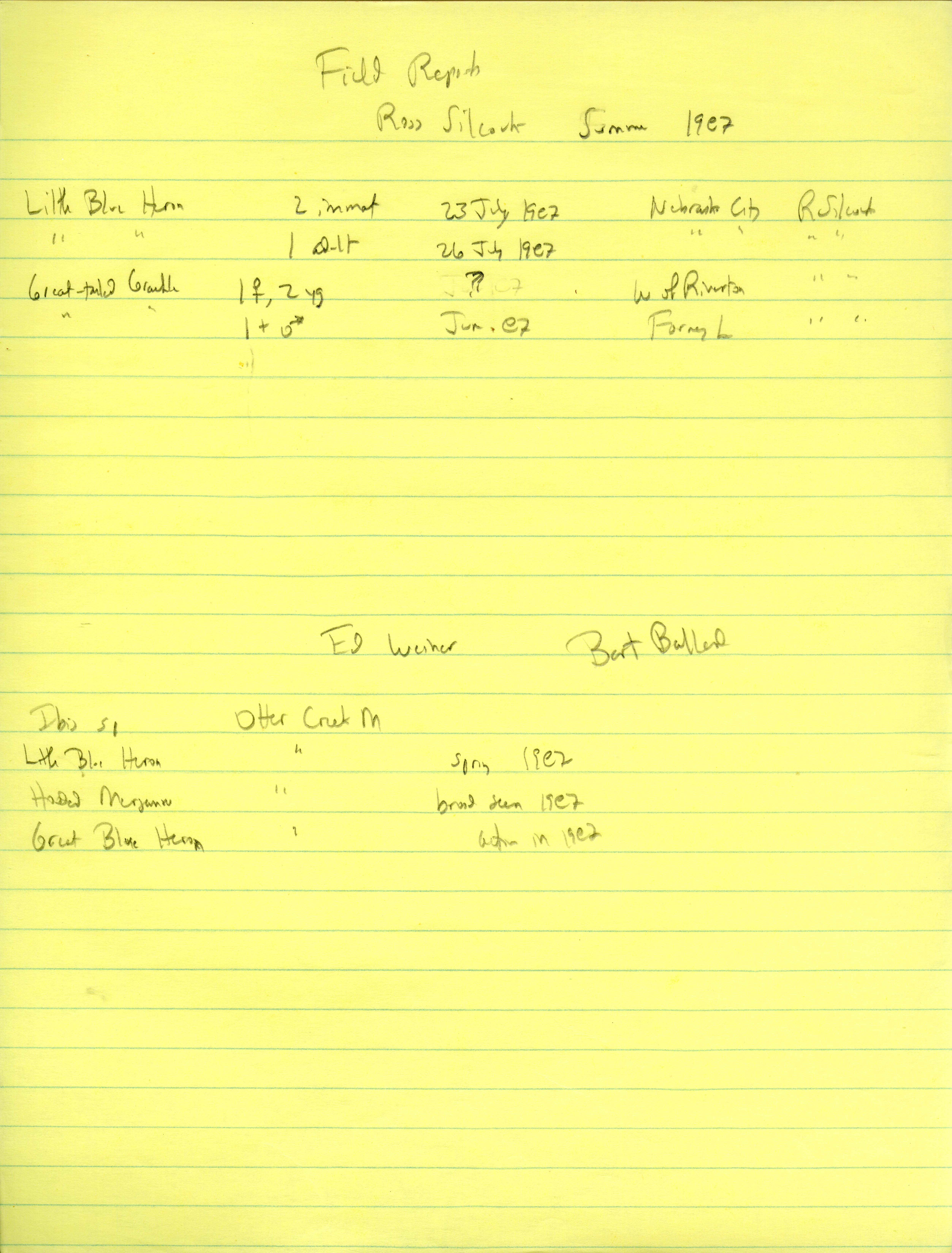 Field notes contributed by W. Ross Silcock, Ed Weiner, and Bart M. Ballard, summer 1987