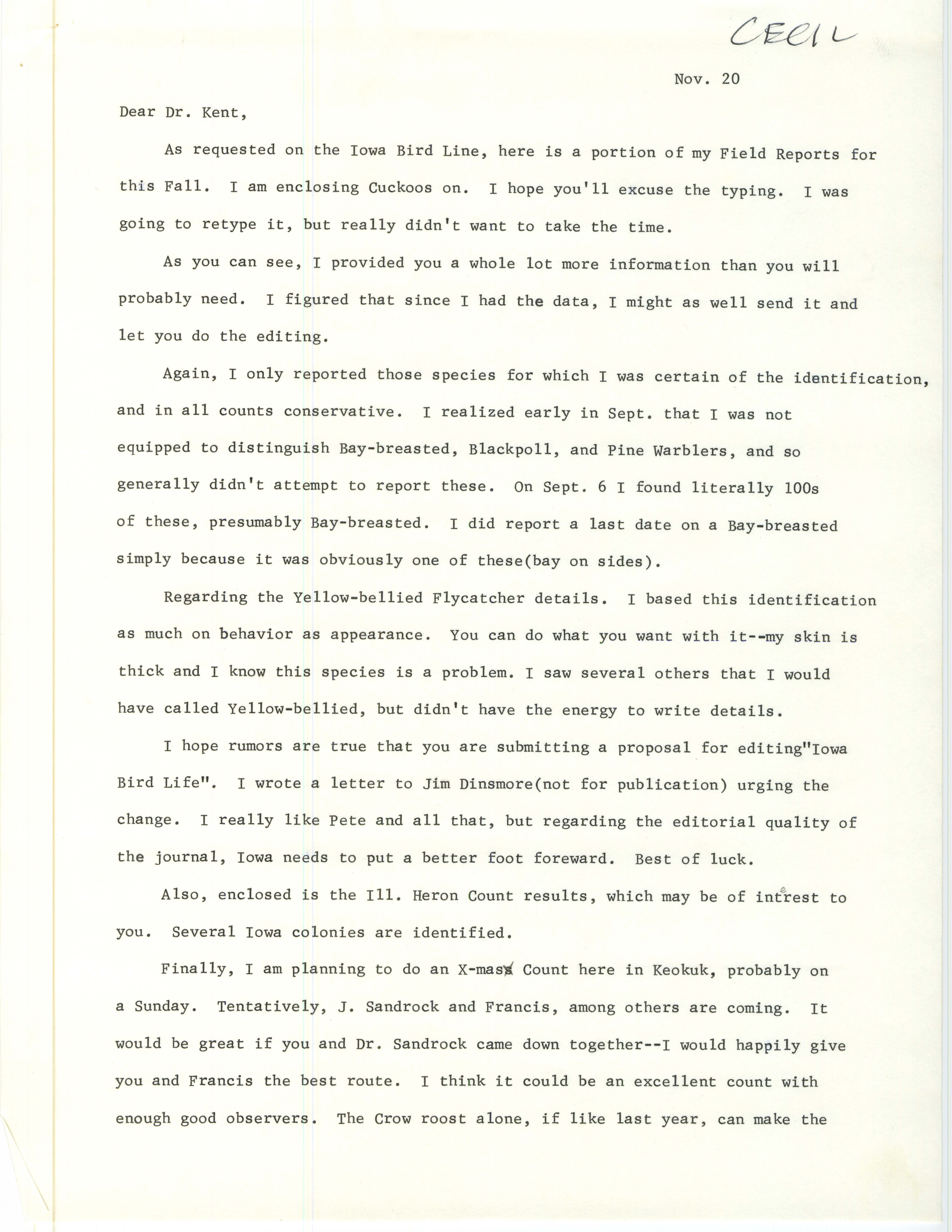 Robert Cecil letter to Thomas Kent regarding Fall bird sightings, November 20, 1985