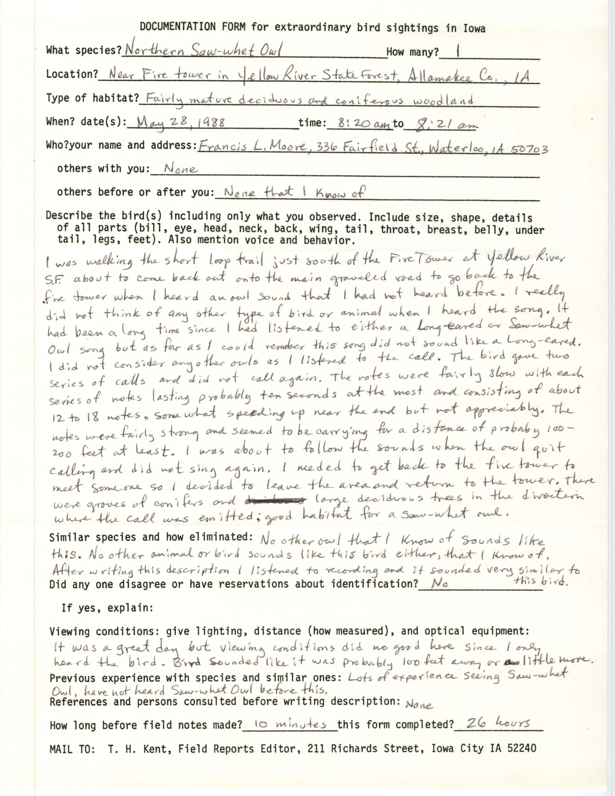 Rare bird documentation form for Northern Saw-whet Owl at Yellow River State Forest, 1988