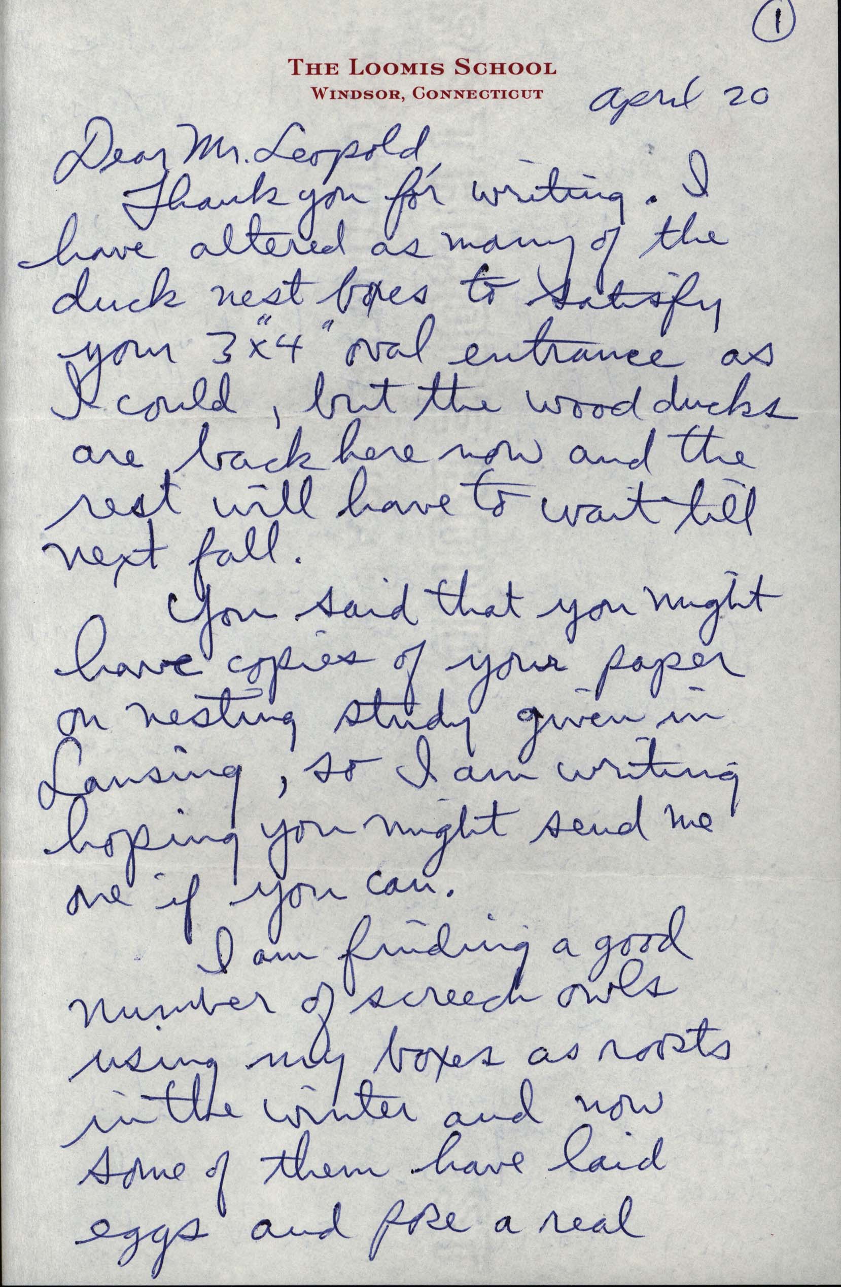 Don Joffray letter to Frederic Leopold regarding Wood Duck houses and nest takeover and predation, April 20, 1966