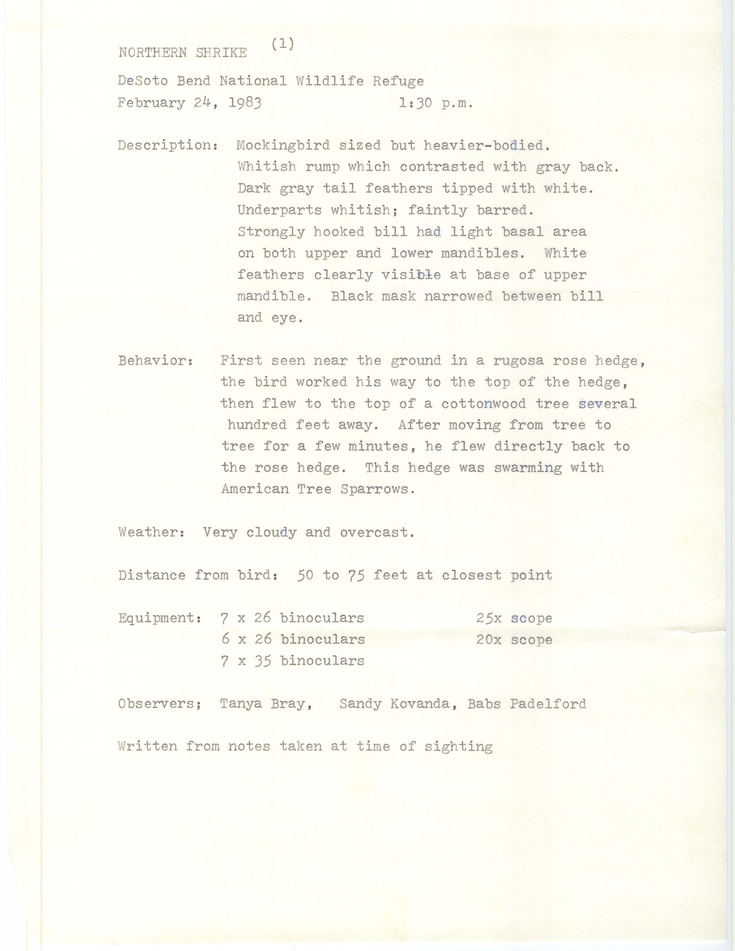 Rare bird documentation form for Northern Shrike at DeSoto Bend National Wildlife Refuge, 1983