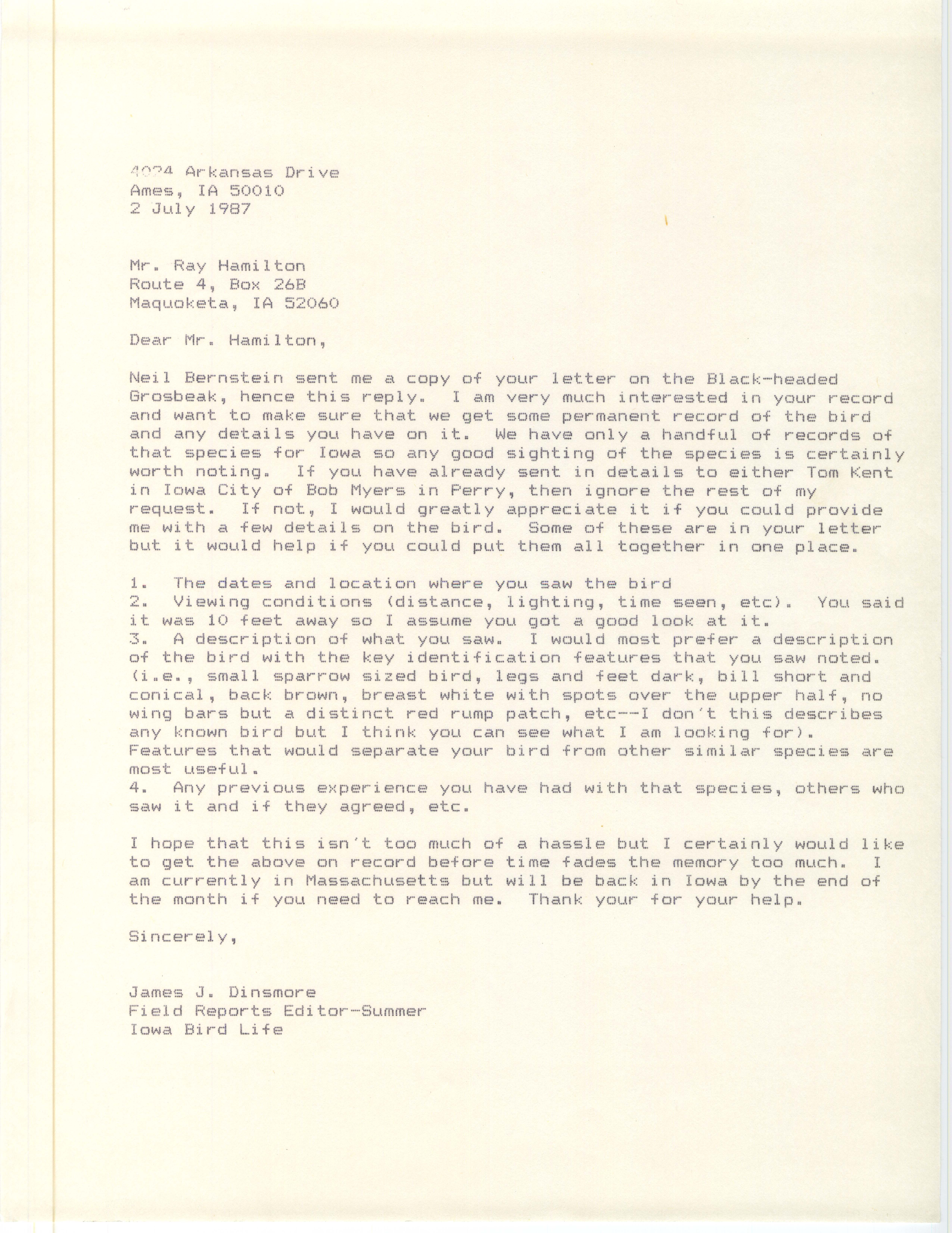James J. Dinsmore letter to Ray Hamilton regarding a Black-headed Grosbeak sighting, July 2, 1987