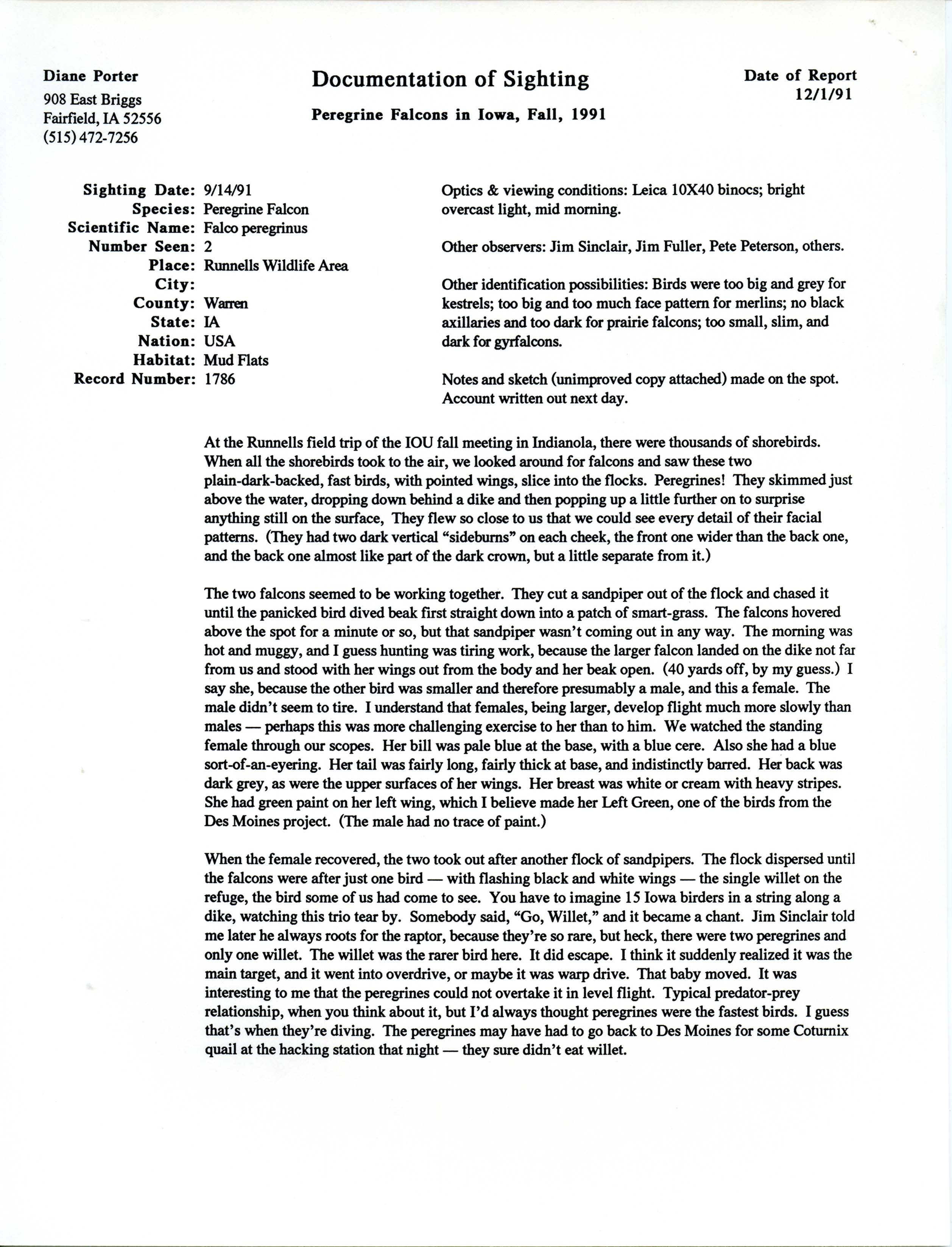Rare bird documentation form for Peregrine Falcon at Runnells Wildlife Area, 1991
