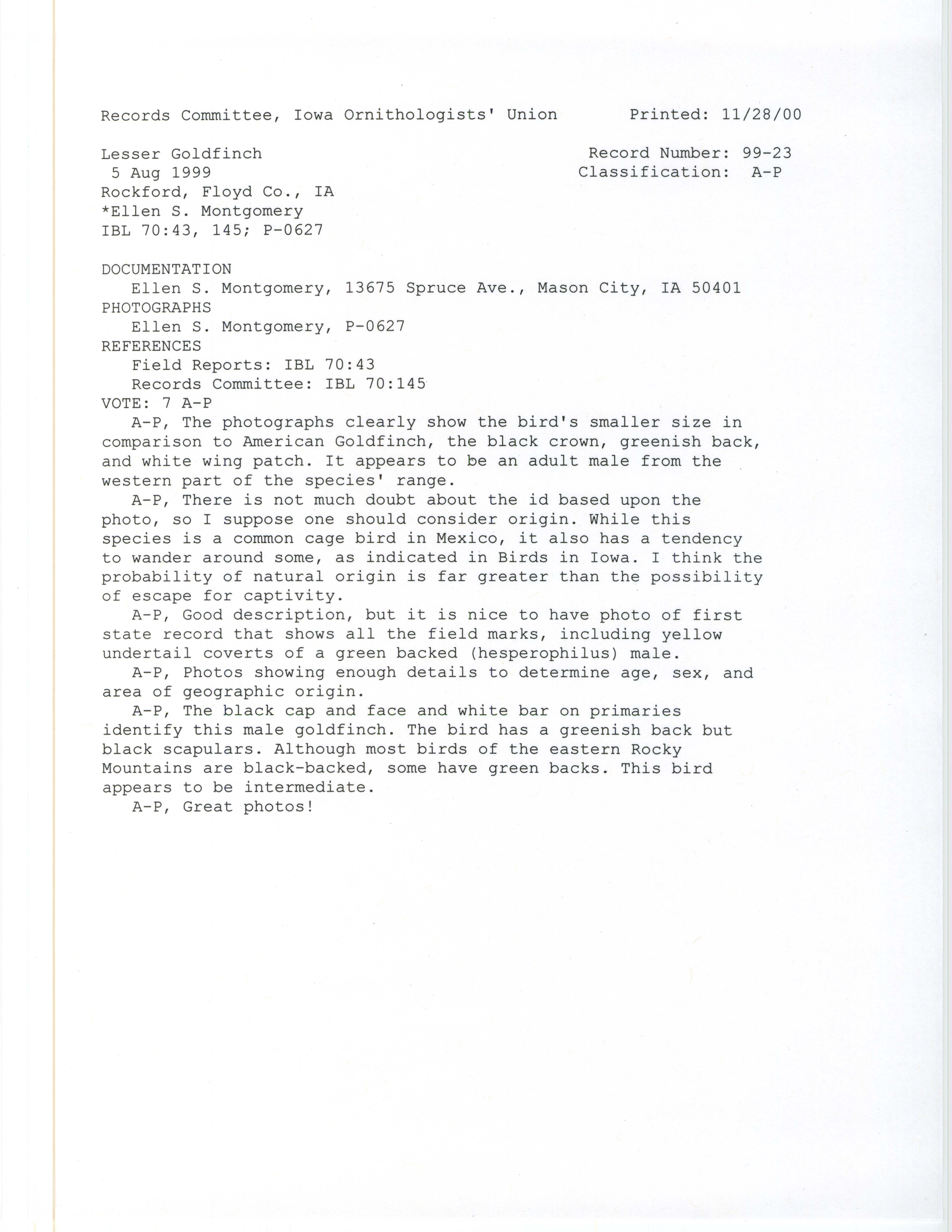 Records Committee review for rare bird sighting for Lesser Goldfinch at Rockford, 1999
