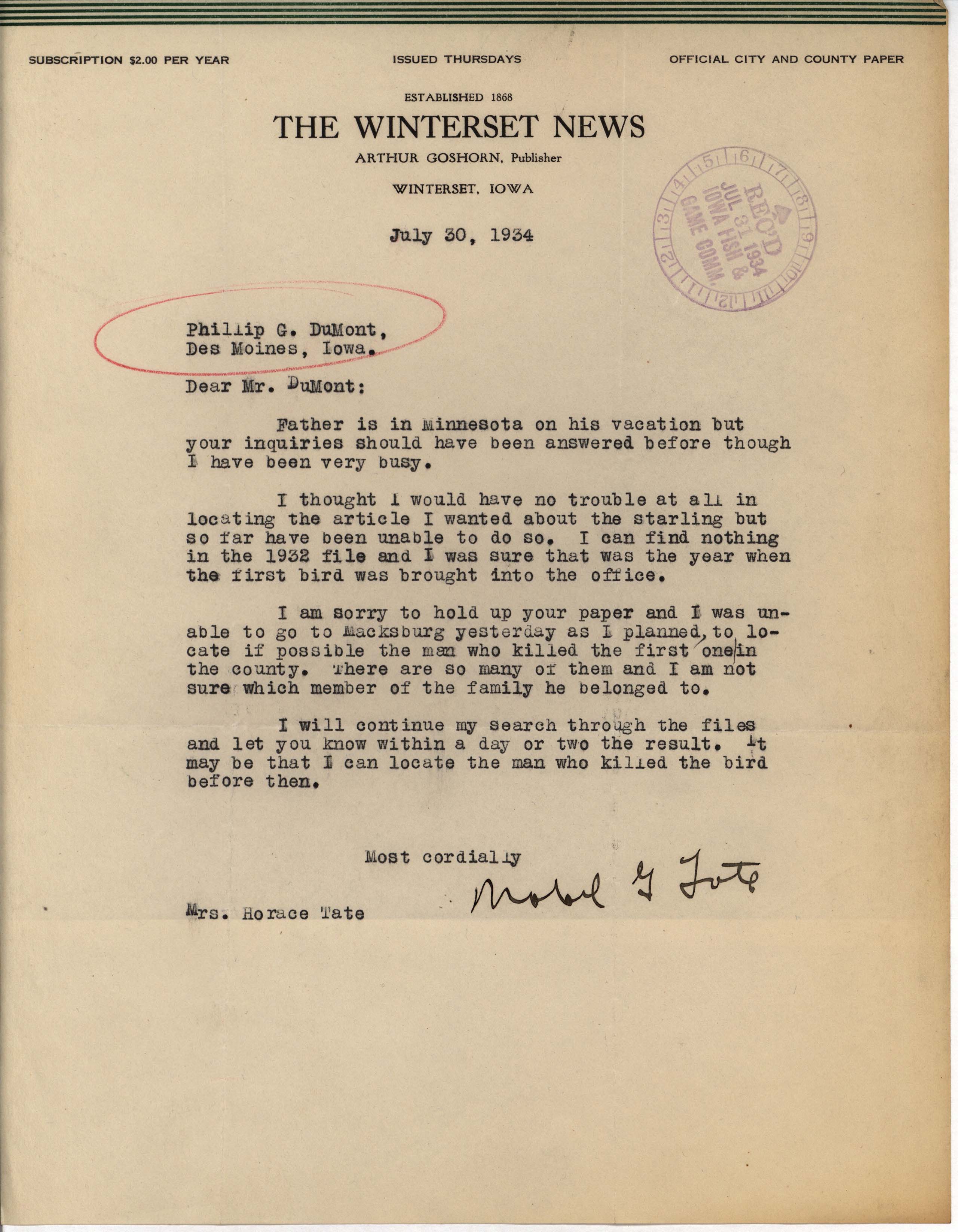 Mabel Tate letter to Philip DuMont regarding Starling article, July 30, 1934