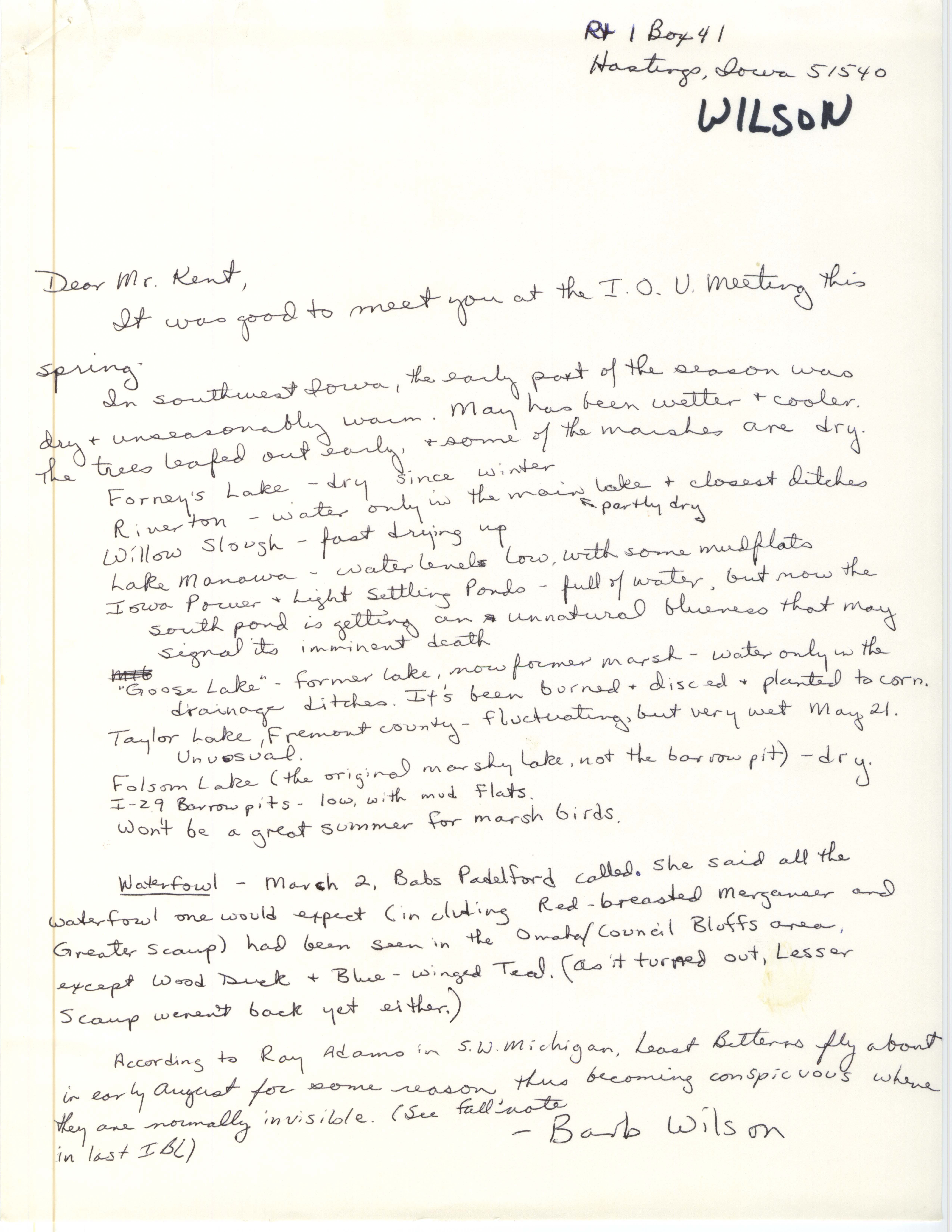 Barb Wilson letter to Thomas Kent regarding spring sightings, spring 1981