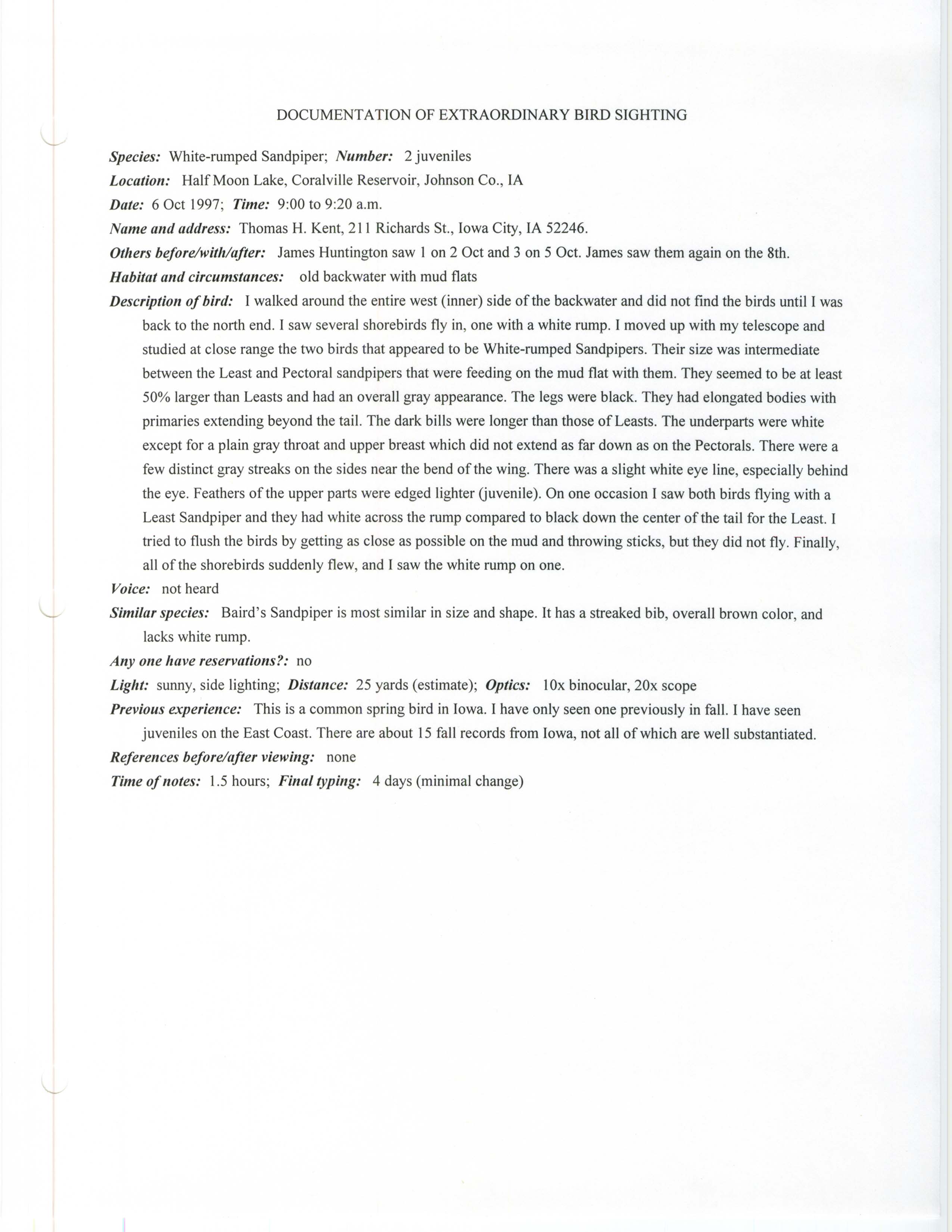 Rare bird documentation form for White-rumped Sandpiper at Half Moon Lake at Coralville Reservoir, 1997