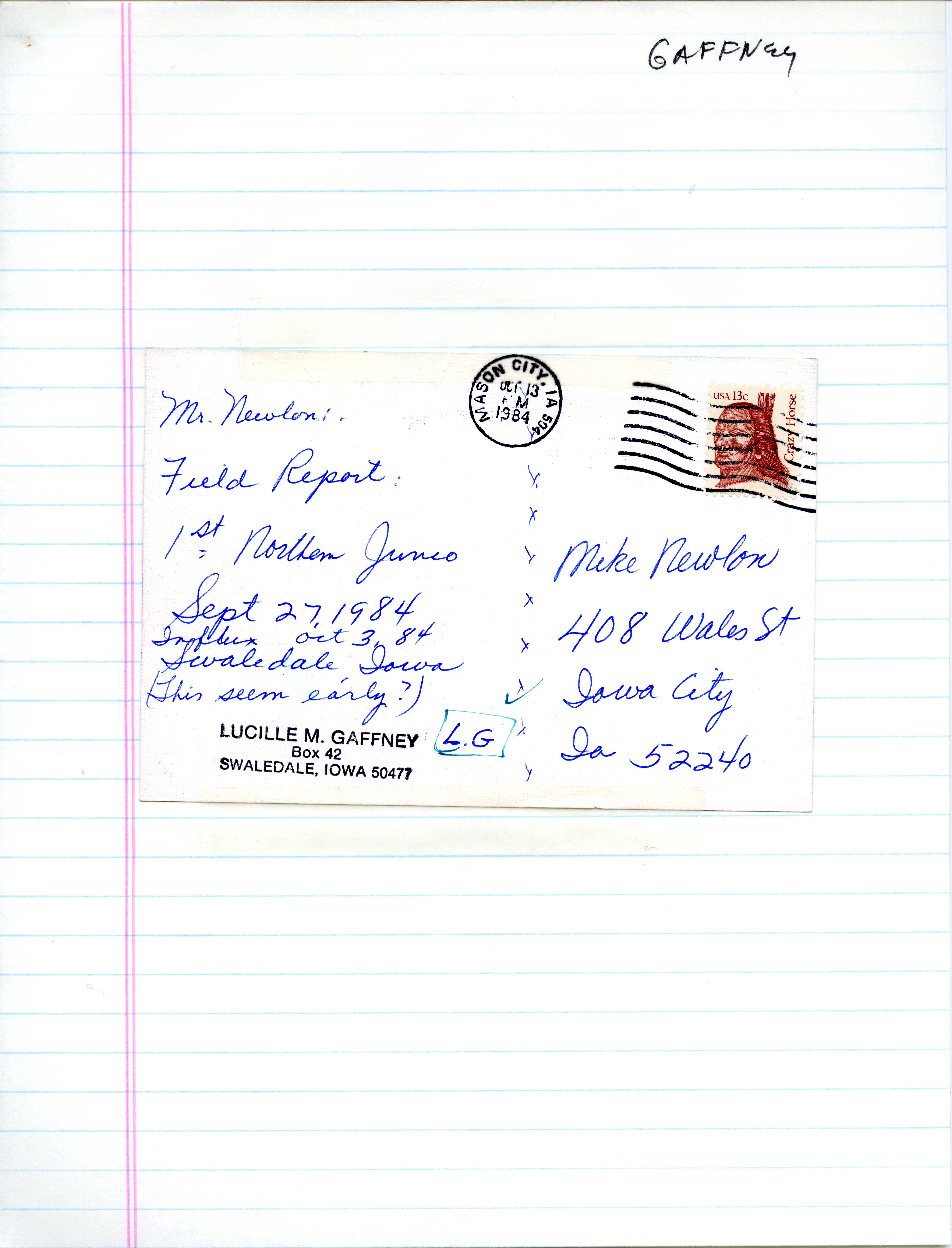 Lucille M. Gaffney postcard to Michael C. Newlon regarding bird sightings in Swaledale, Iowa, October 13, 1984