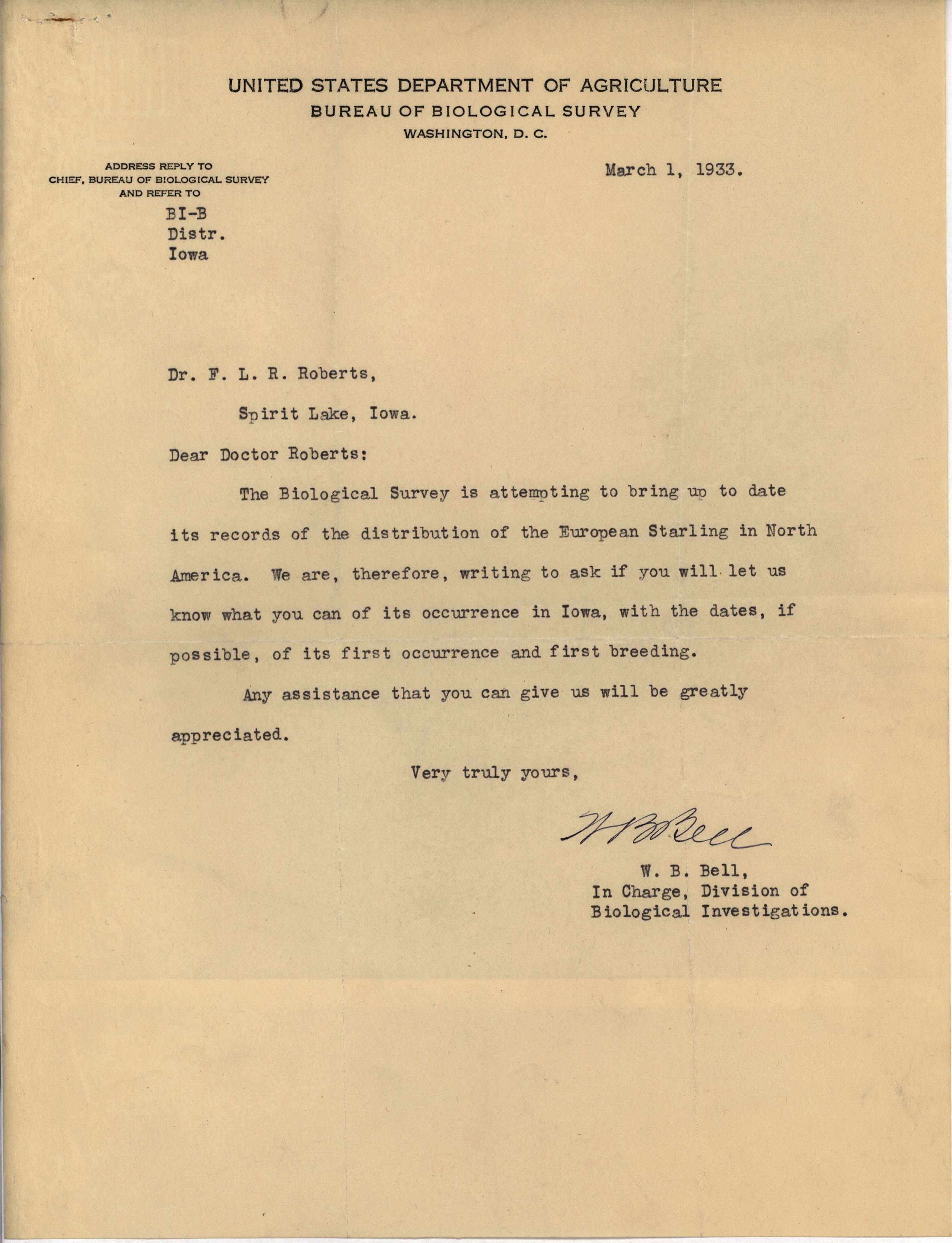 William Bell letter to Francis Roberts regarding European Starling, March 1, 1933
