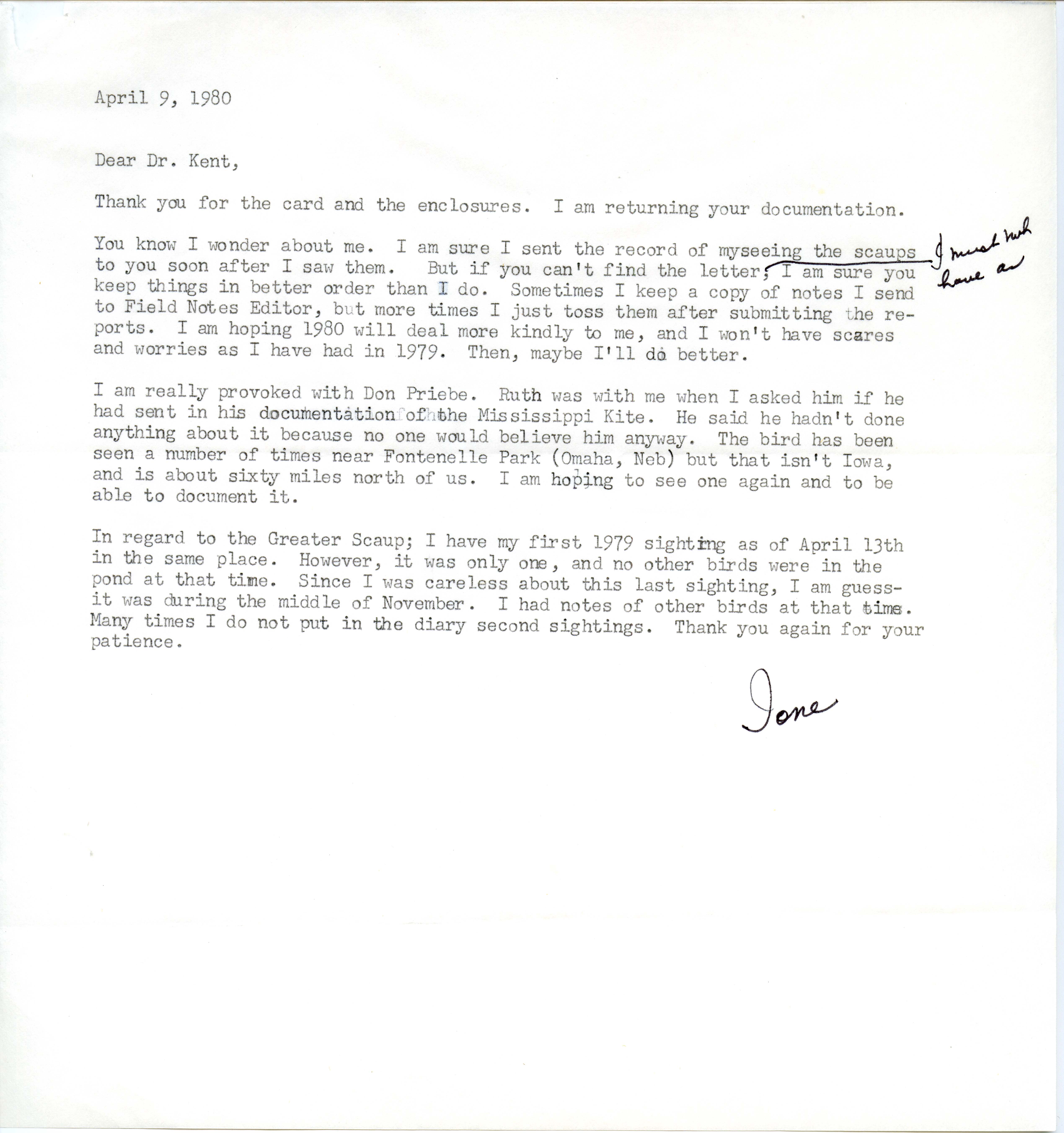 Ione Getscher letter to Thomas H. Kent regarding bird sightings, April, 9, 1980