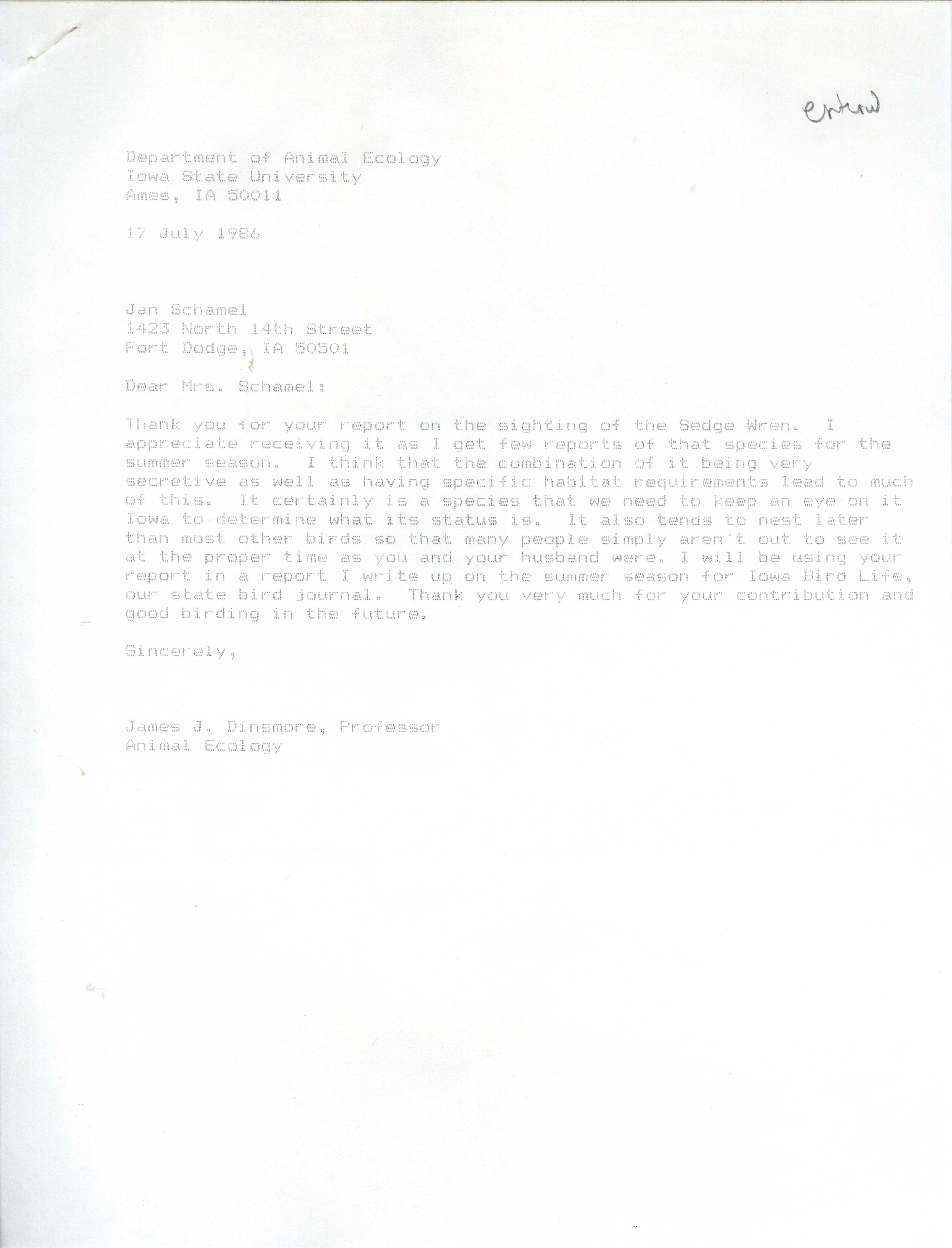 James J. Dinsmore letter to Jan Schamel regarding a Sedge Wren sighting, July 17, 1986