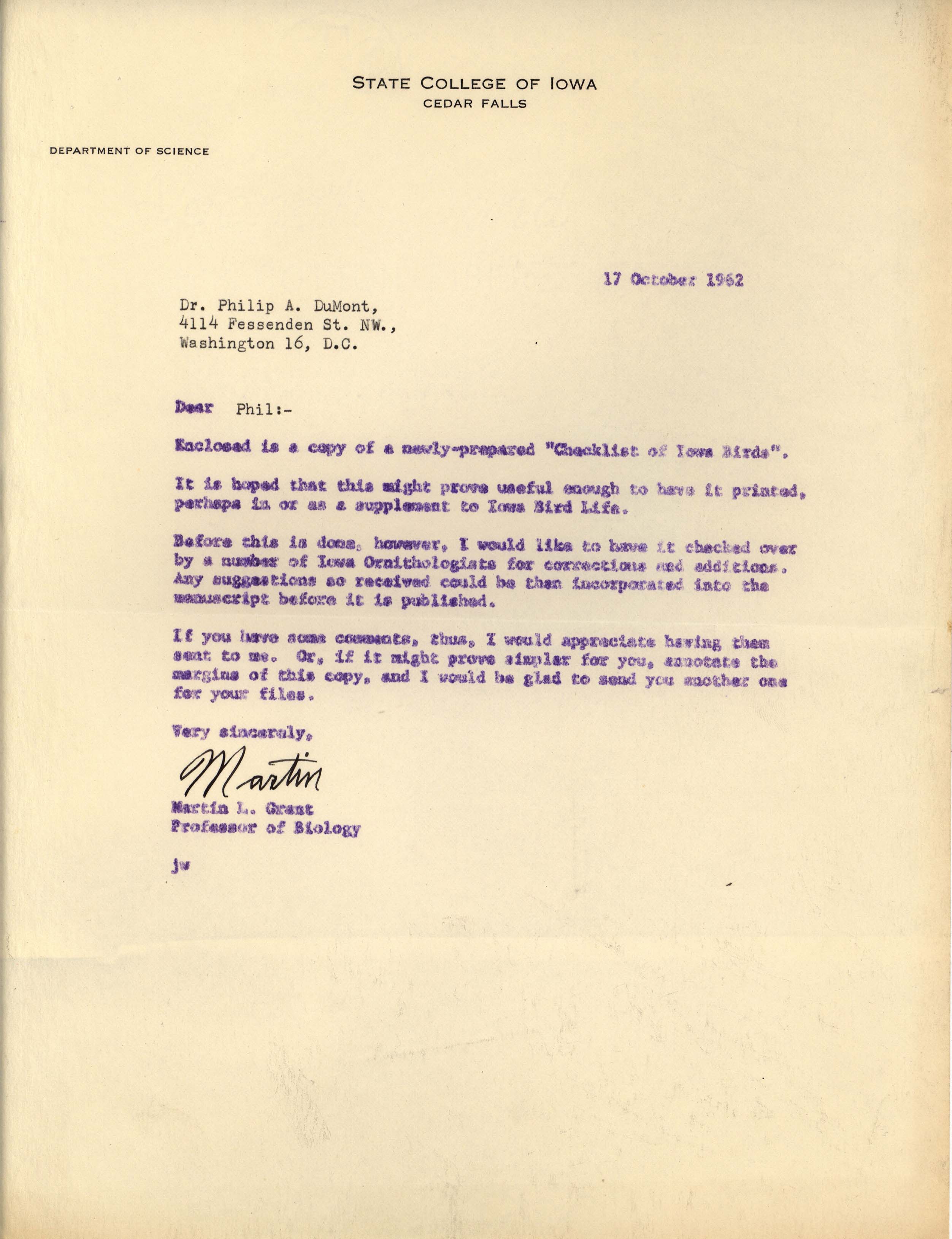 Martin Grant letter to Philip DuMont regarding the Check-list of Iowa Birds, October 17, 1962