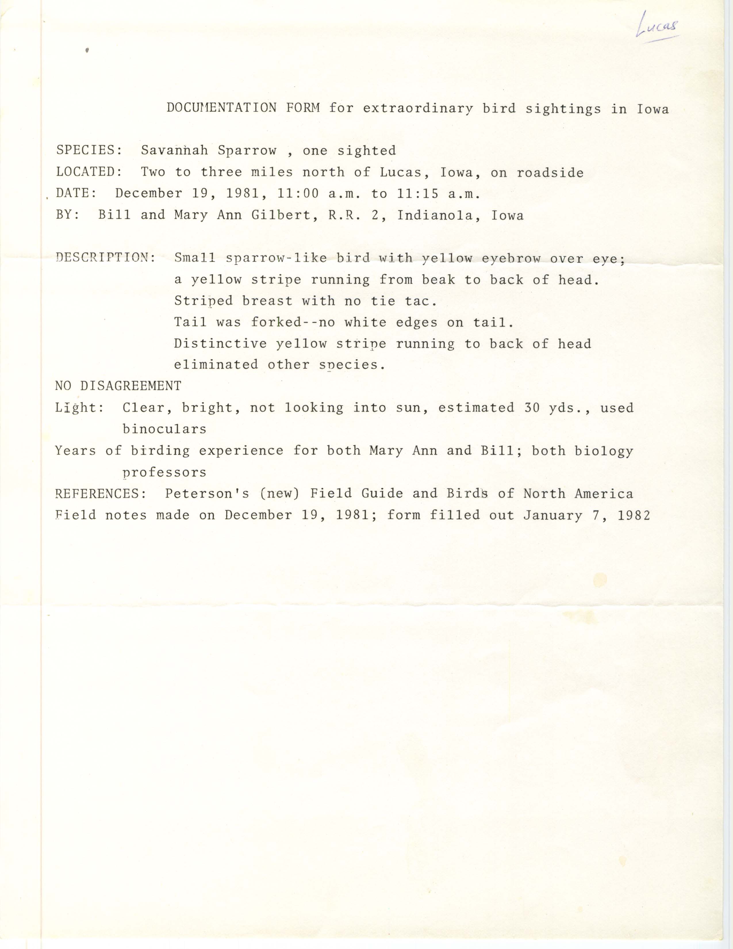 Rare bird documentation form for Savannah Sparrow north of Lucas, 1981