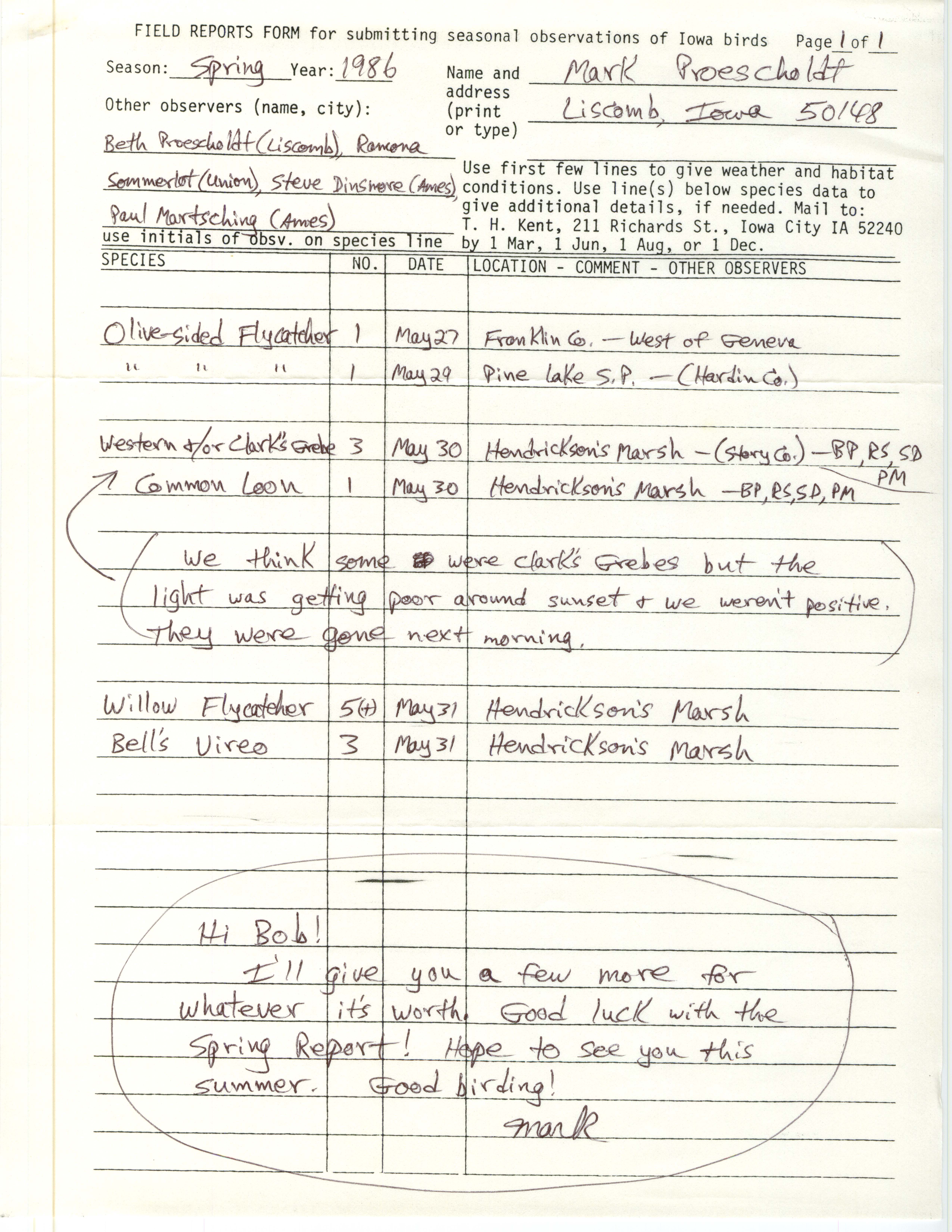 Field reports form for submitting seasonal observations of Iowa birds, Mark Proescholdt, Spring 1986 additional