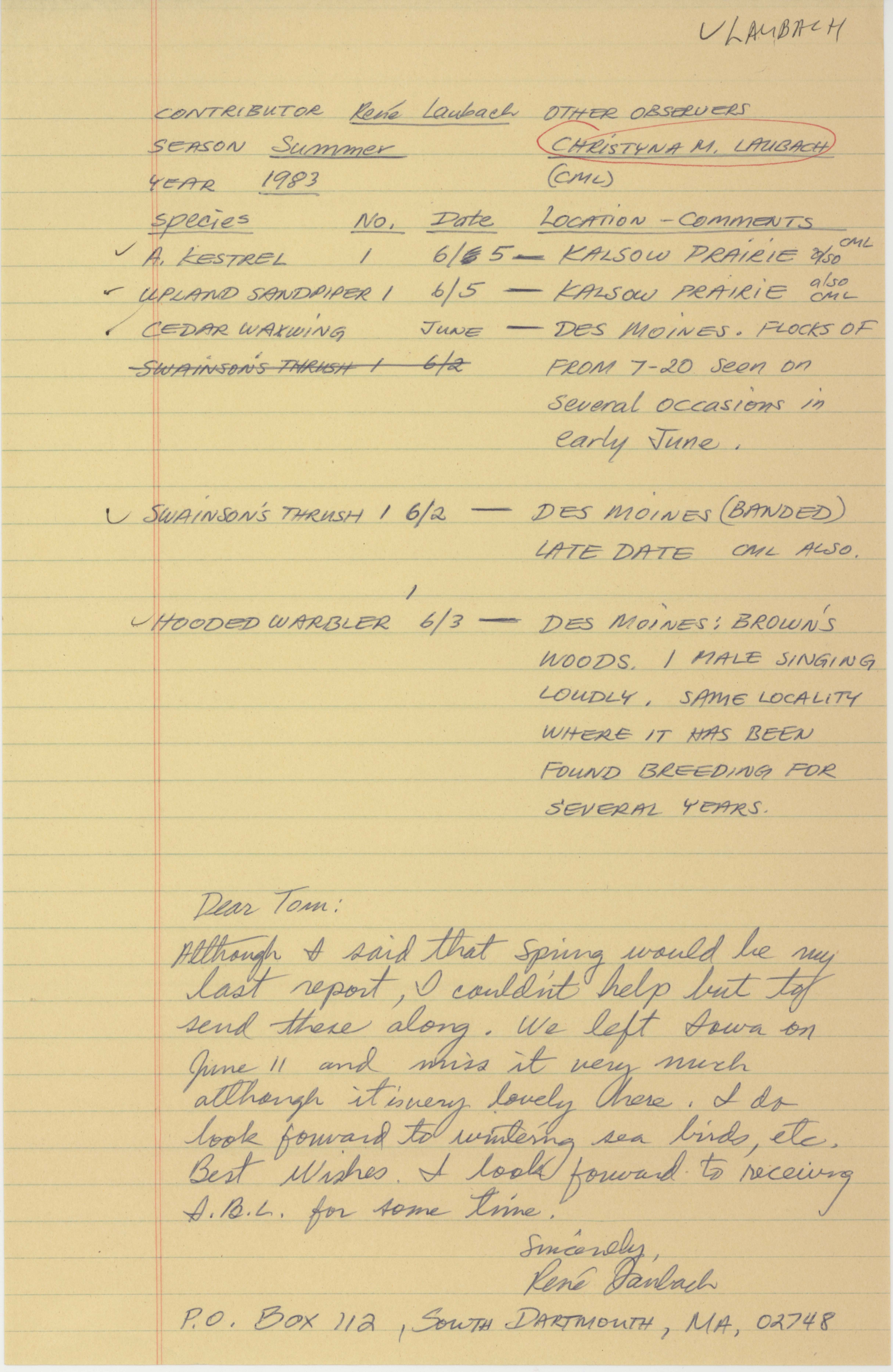 Rene Laubach letter to Thomas Kent regarding summer sightings, Summer 1983