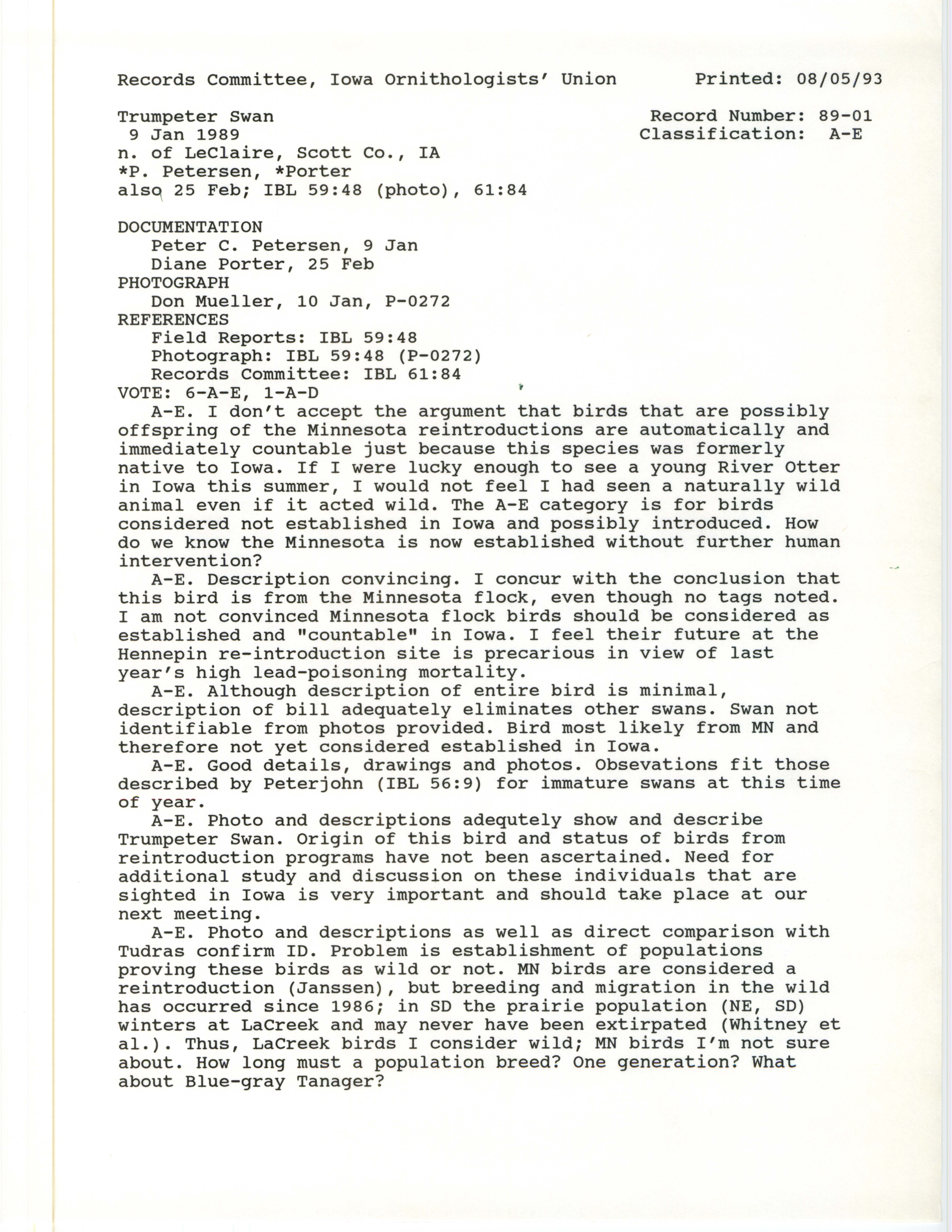 Records Committee review for rare bird sighting of a Trumpeter Swan at Le Claire, 1989