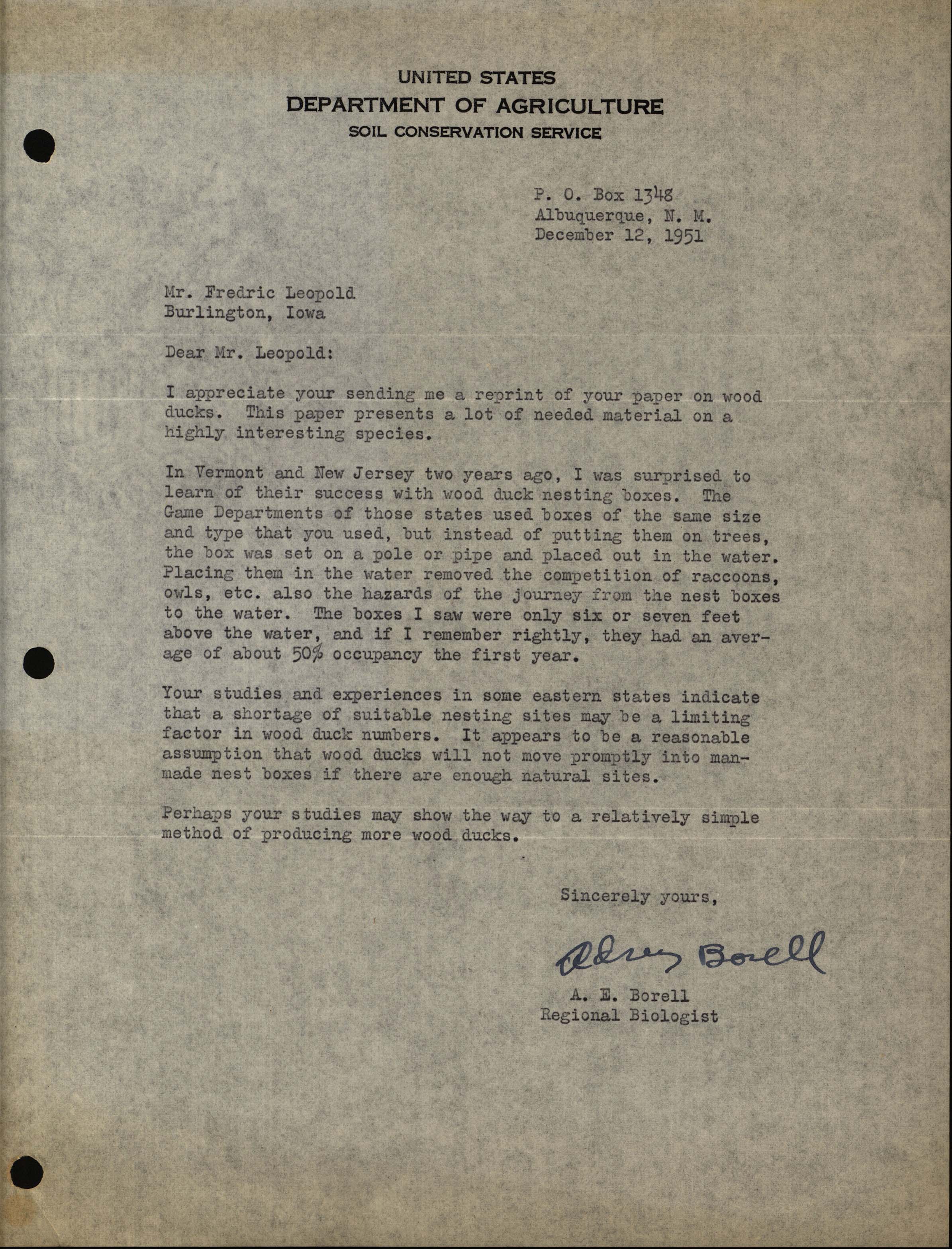 Adrey E. Borell letter to Frederic Leopold regarding Wood Duck houses, December 12, 1951