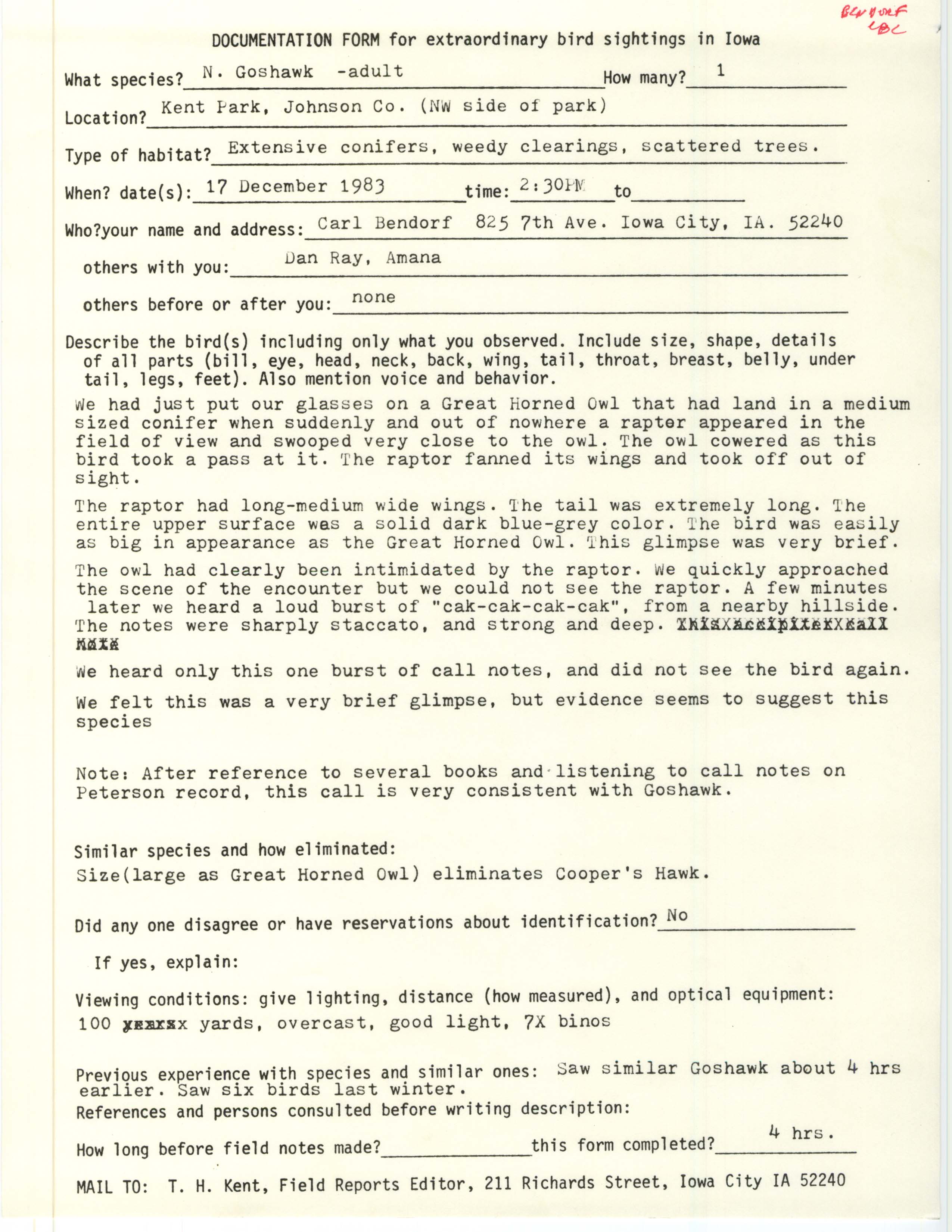 Rare bird documentation form for Northern Goshawk at Kent Park, 1983