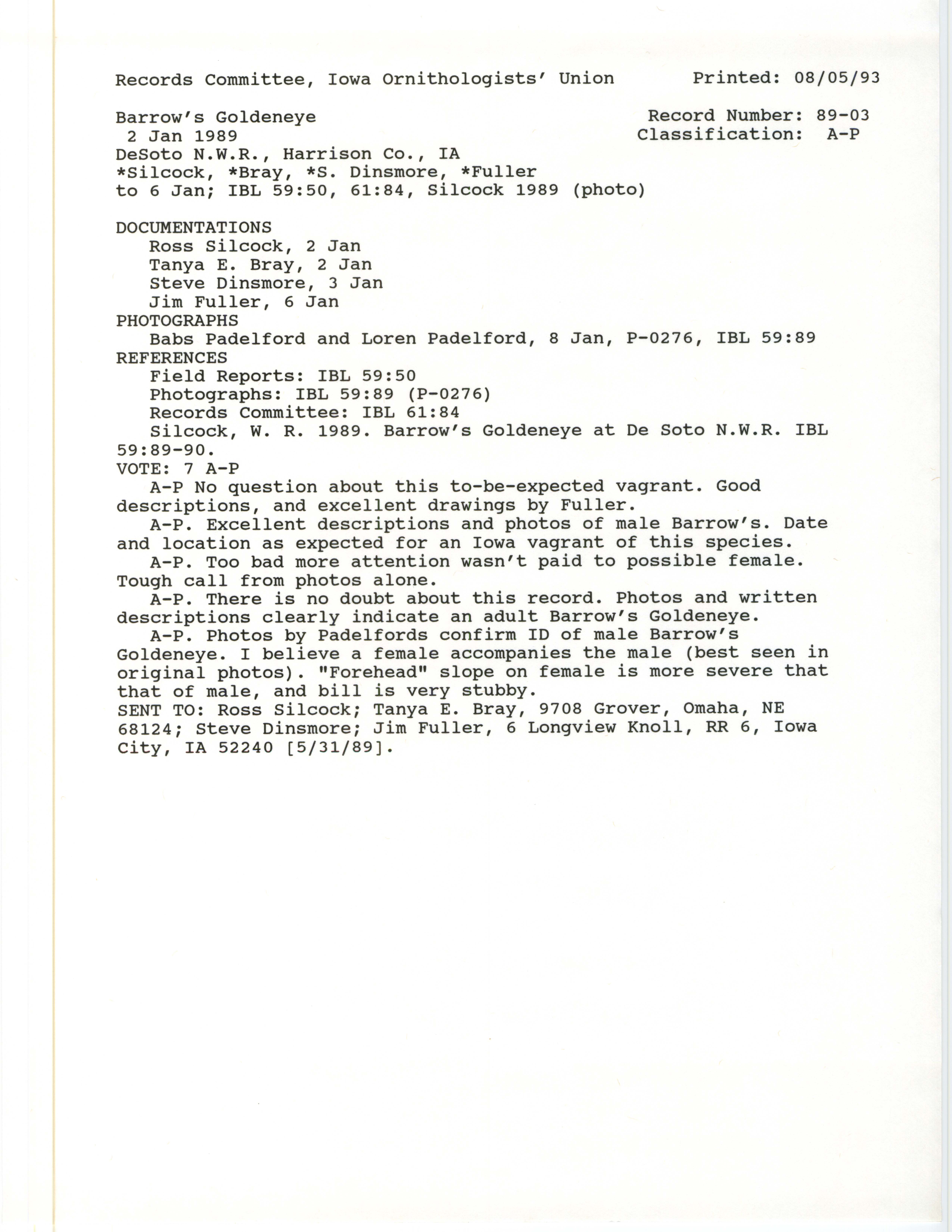 Records Committee review for rare bird sighting for Barrow's Goldeneye at DeSoto National Wildlife Refuge, 1989