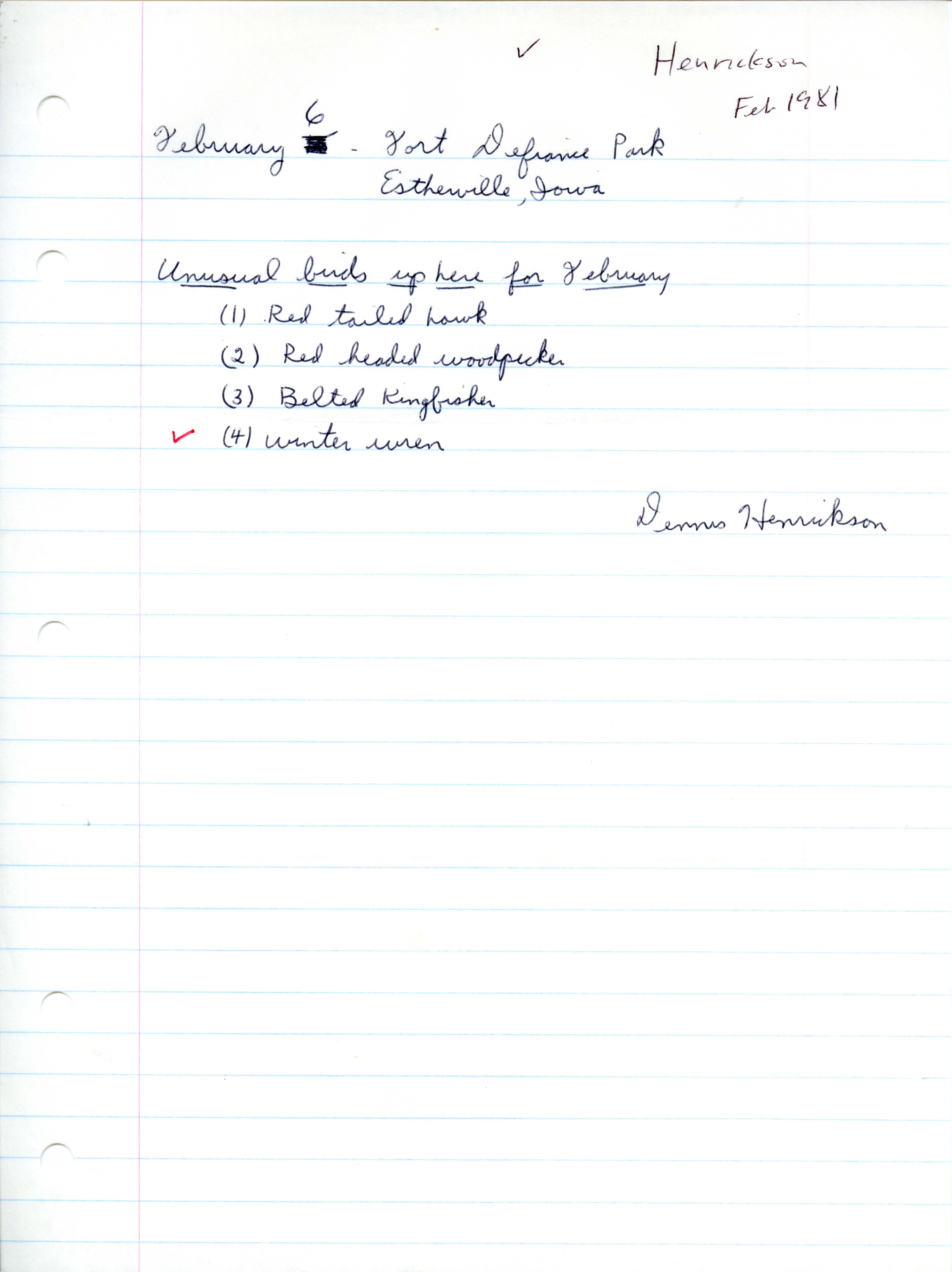 Bird sighting list from Dennis Henrickson, February 6, 1981