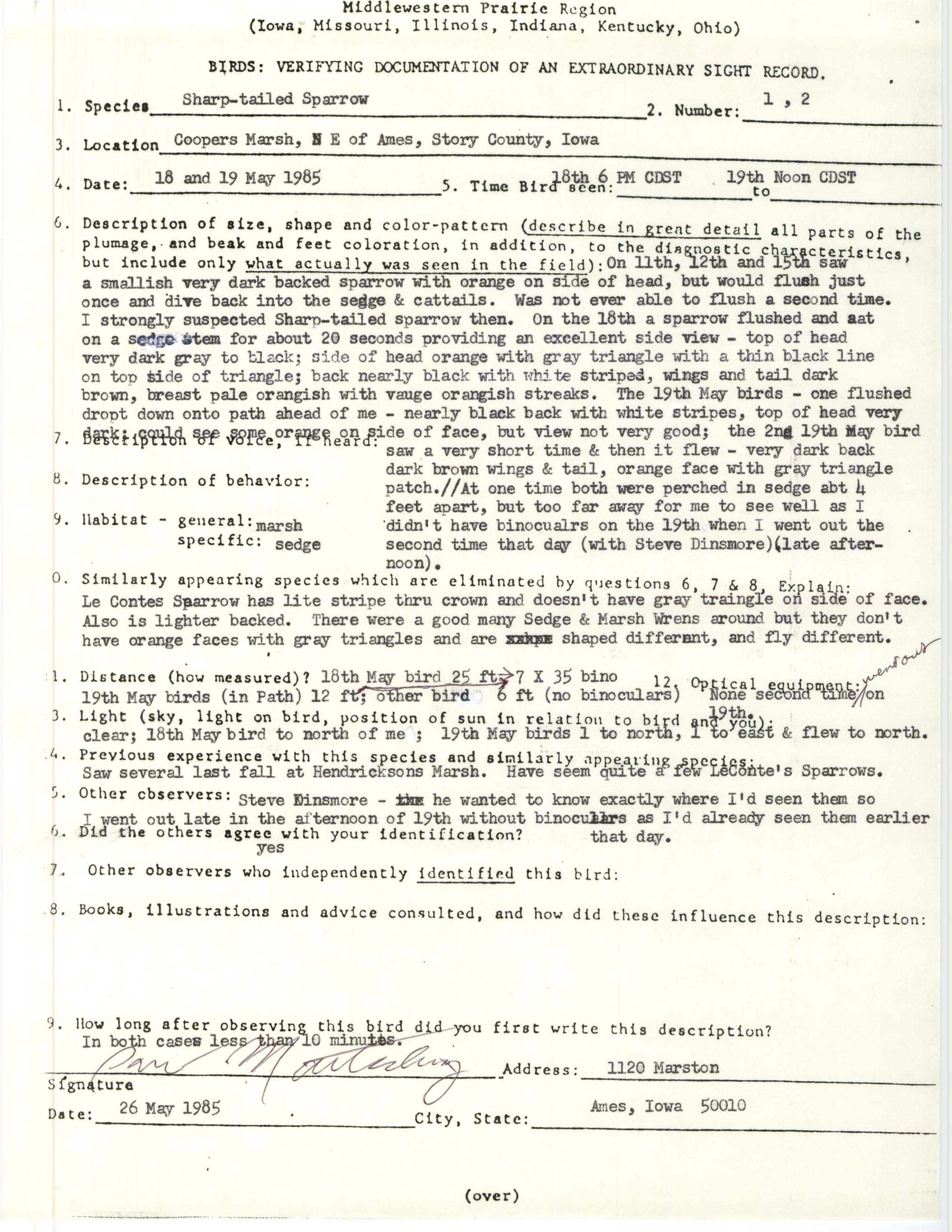 Rare bird documentation form for Sharp-tailed Sparrow at Coopers Marsh in 1985