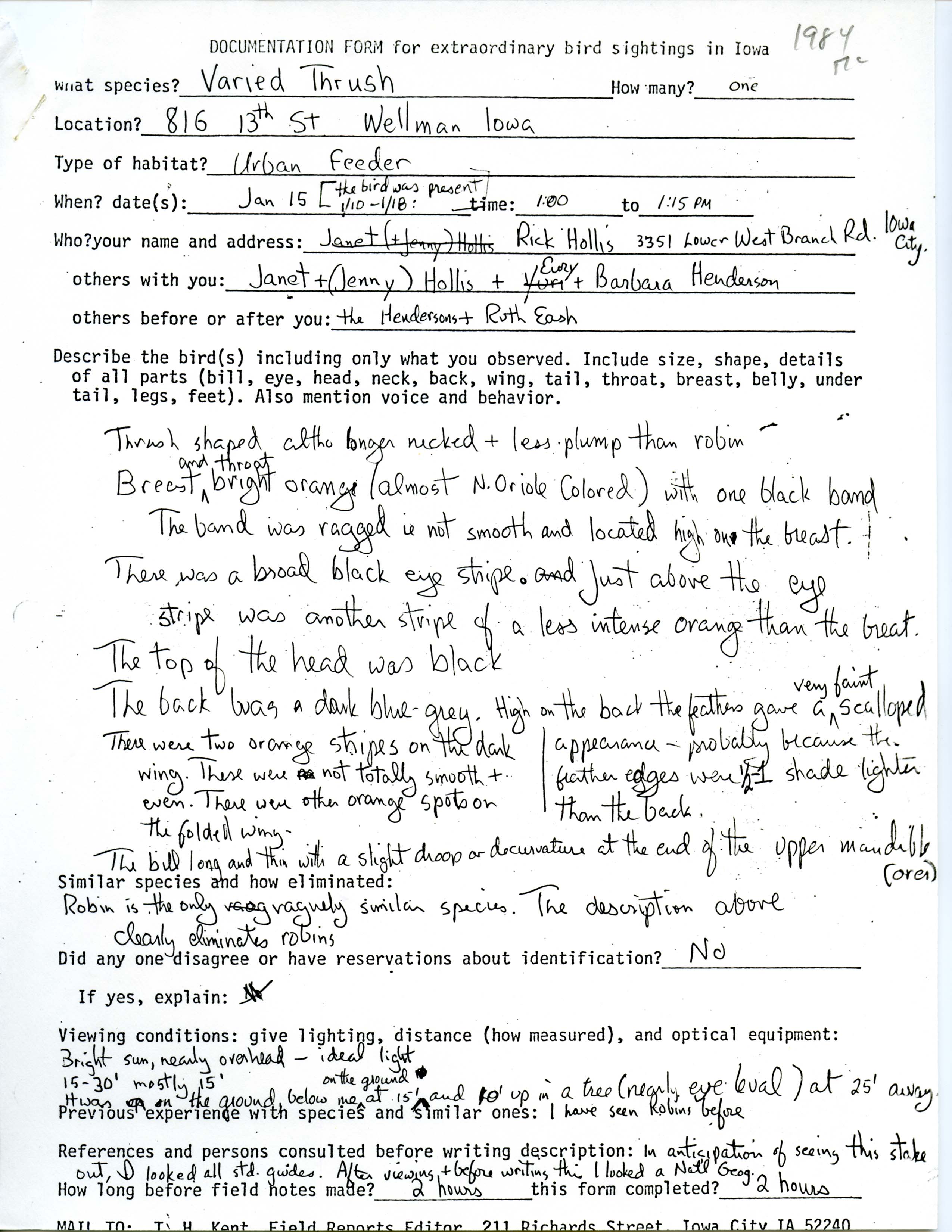 Rare bird documentation form for Varied Thrush at Wellman, 1984