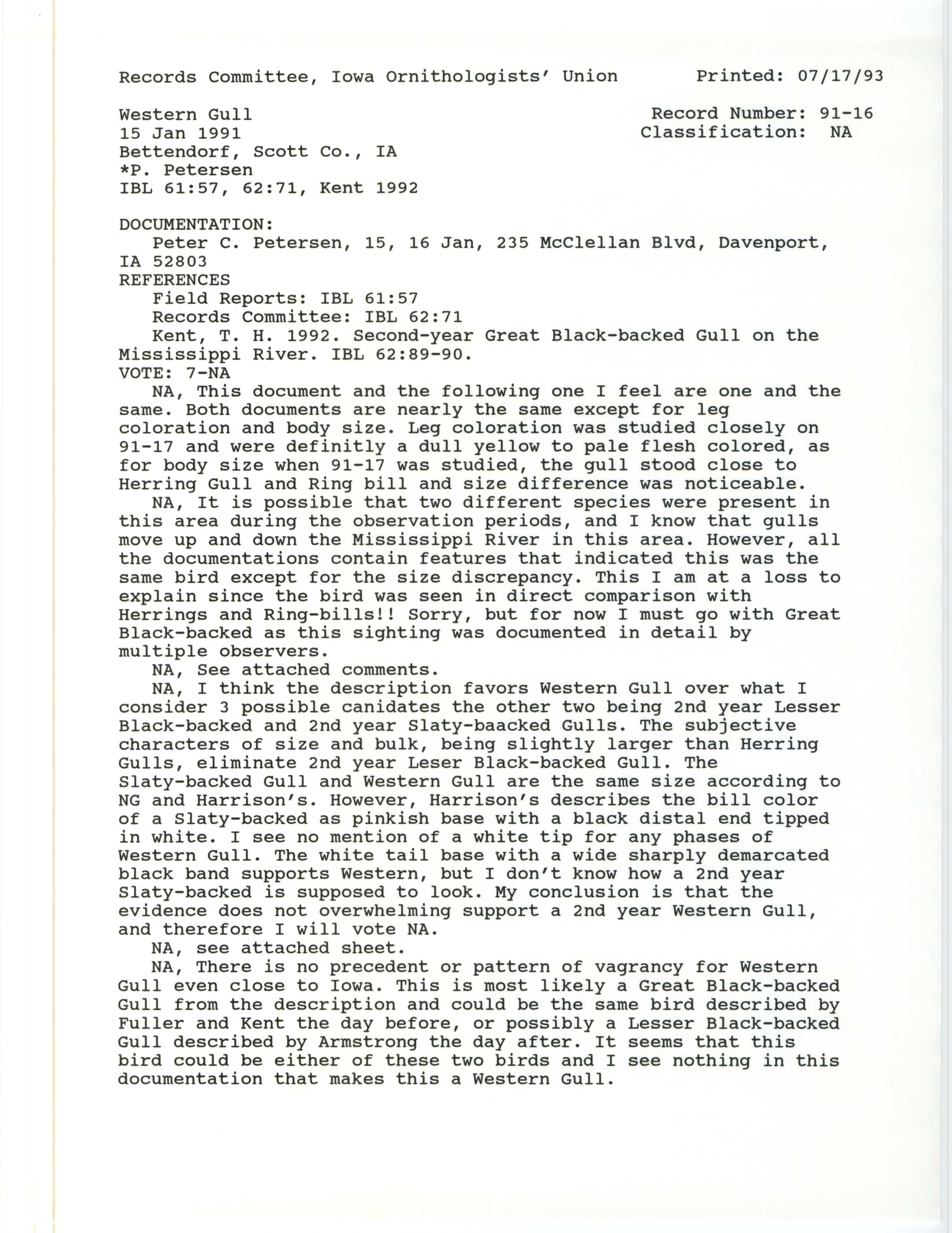 Records Committee review for rare bird sighting of Western Gull near Ben Butterworth Parkway, 1991