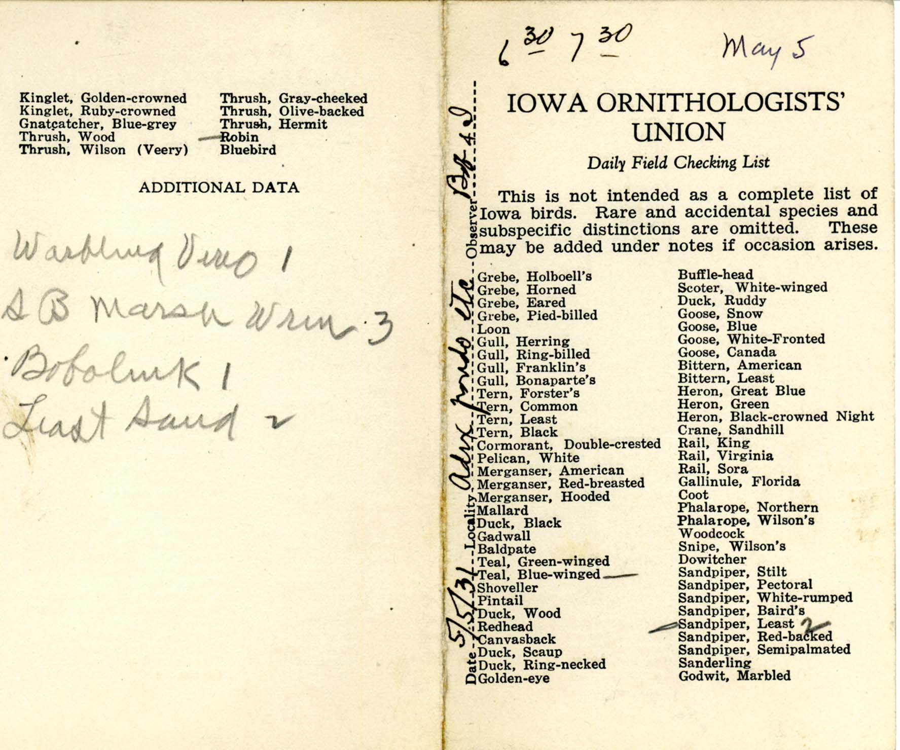 Daily field checking list, Walter Rosene, May 5, 1931