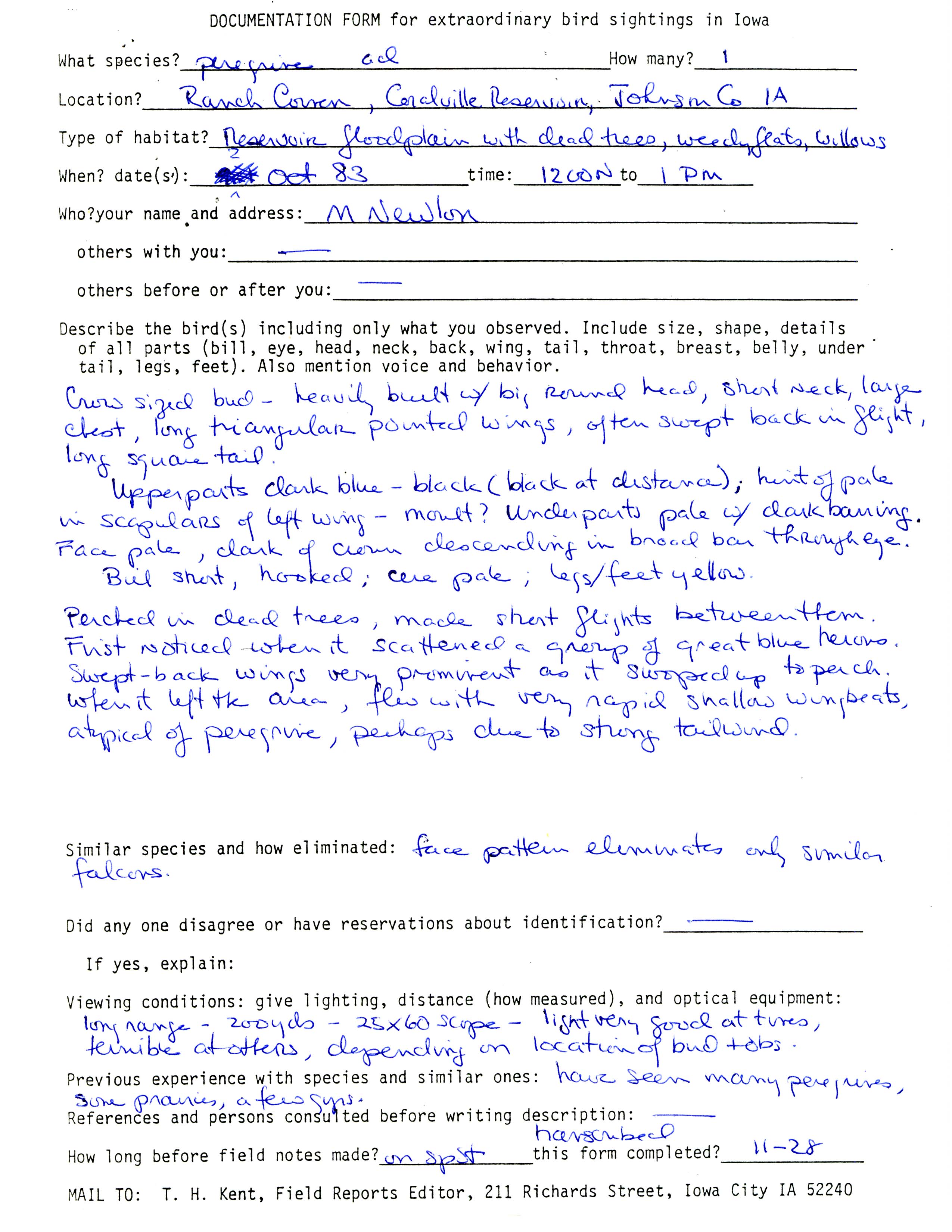 Rare bird documentation form for Peregrine Falcon at Coralville Reservoir, 1983