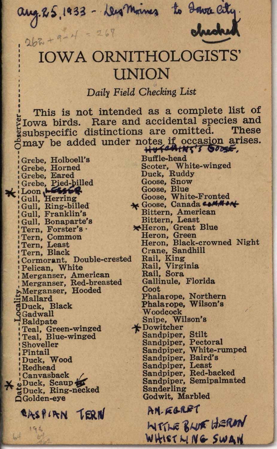 Daily field checking list, Philip DuMont, August 25, 1933