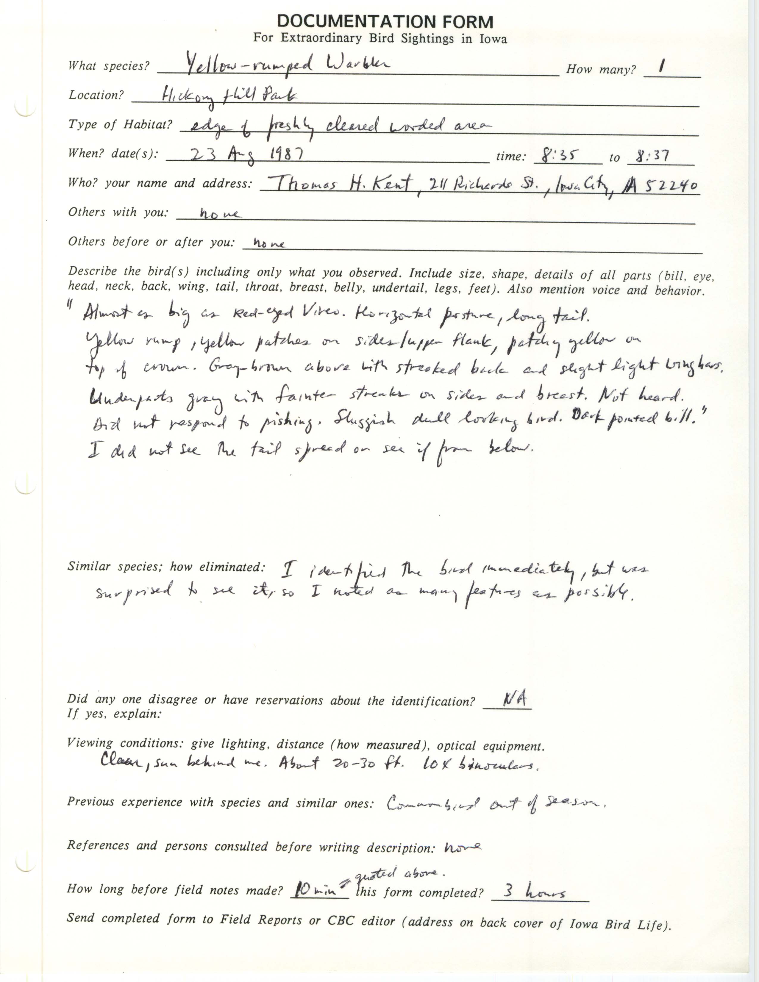 Rare bird documentation form for Yellow-rumped Warbler at Hickory Hill Park, 1987