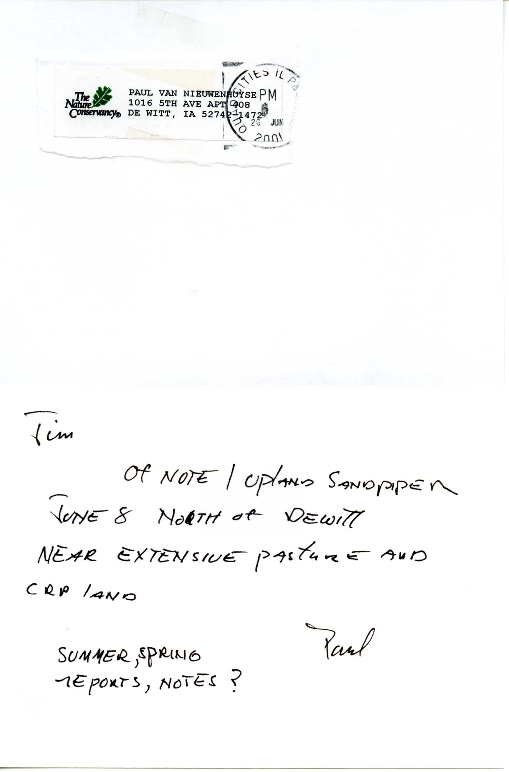 Paul Van Nieuwenhuyse letter to James J. Dinsmore regarding an Upland Sandpiper sighting, June 8, 2001