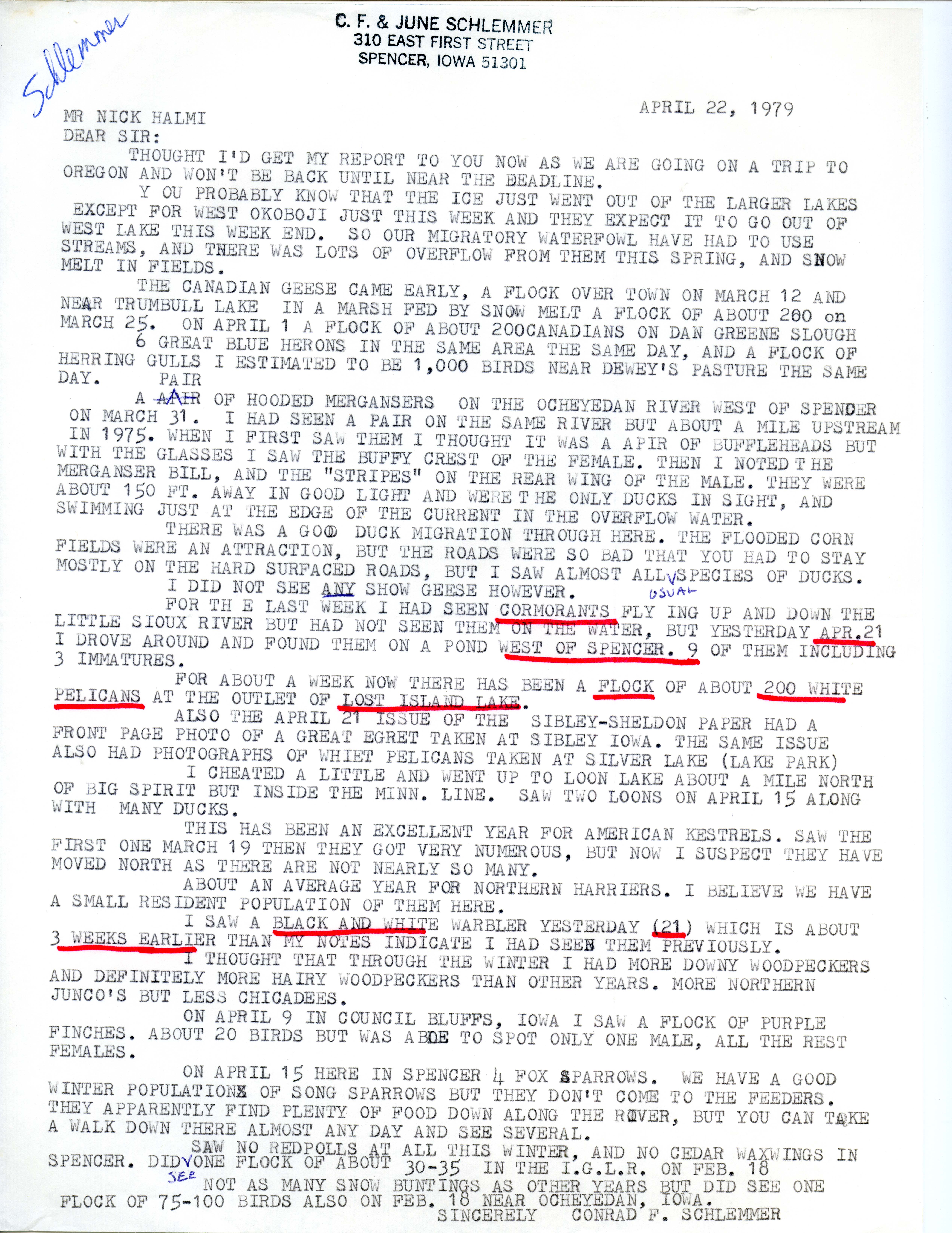 Conrad F. Schlemmer letter to Nicholas S. Halmi regarding spring bird sightings, April 22, 1979