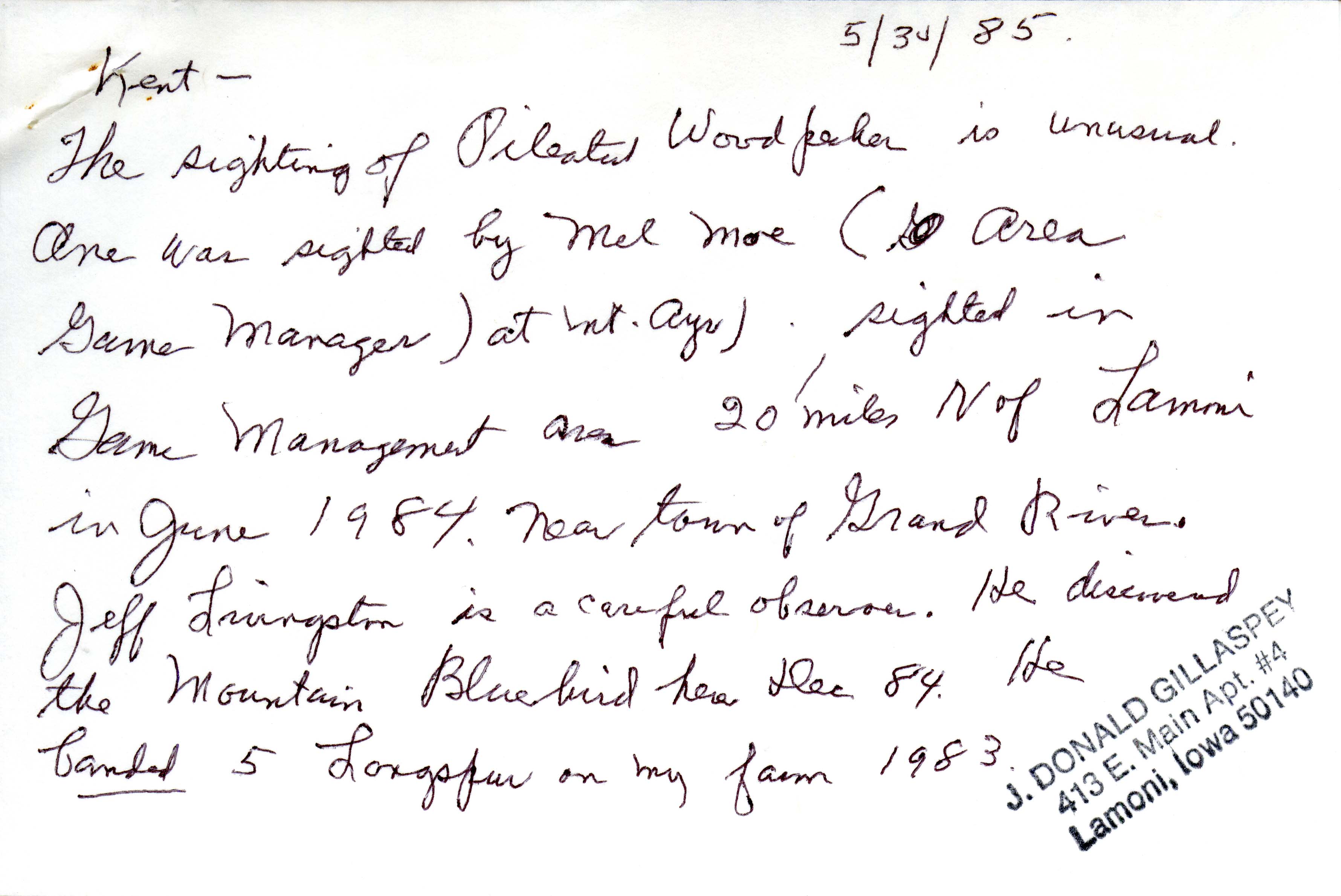 J. Donald Gillaspey letter to Thomas H. Kent, May 30, 1985, regarding bird sightings