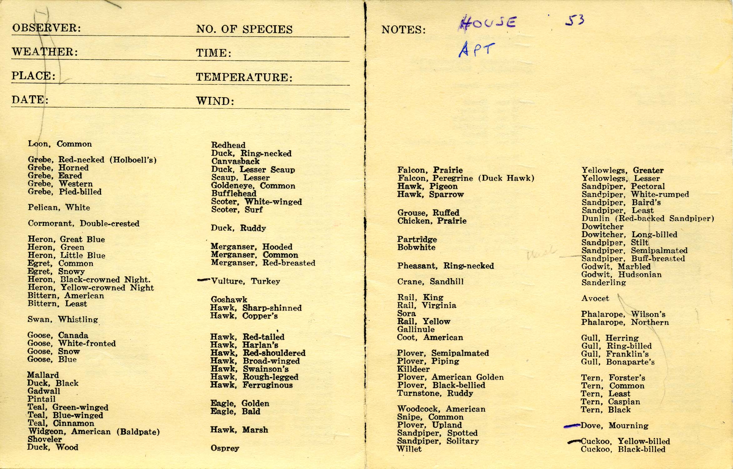 Bird checklist compiled by Woodward H. Brown covering 1976-1977