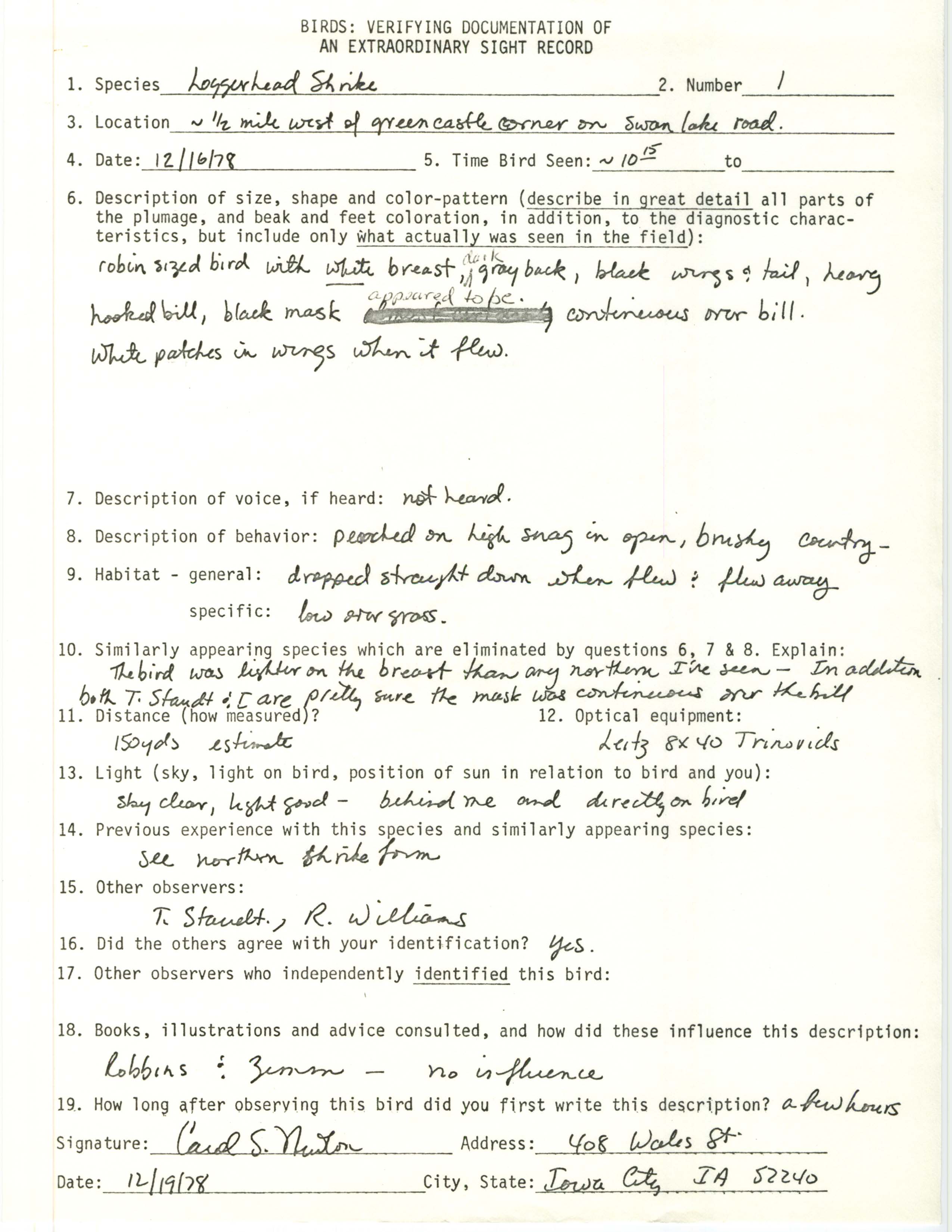 Rare bird documentation form for Loggerhead Shrike west of Green Castle, 1978